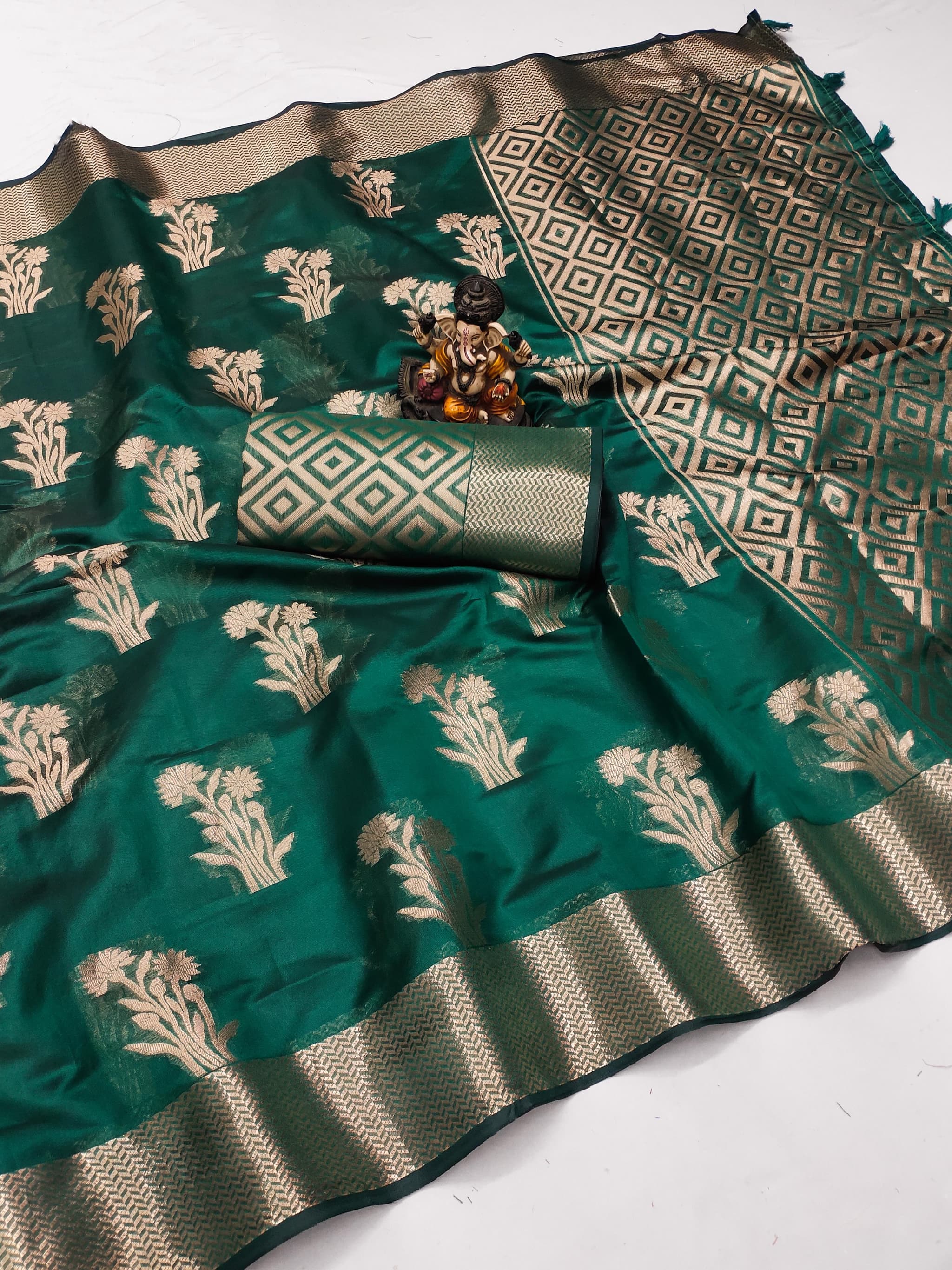 Dark Teal Soft Banarasi Organza Silk Saree