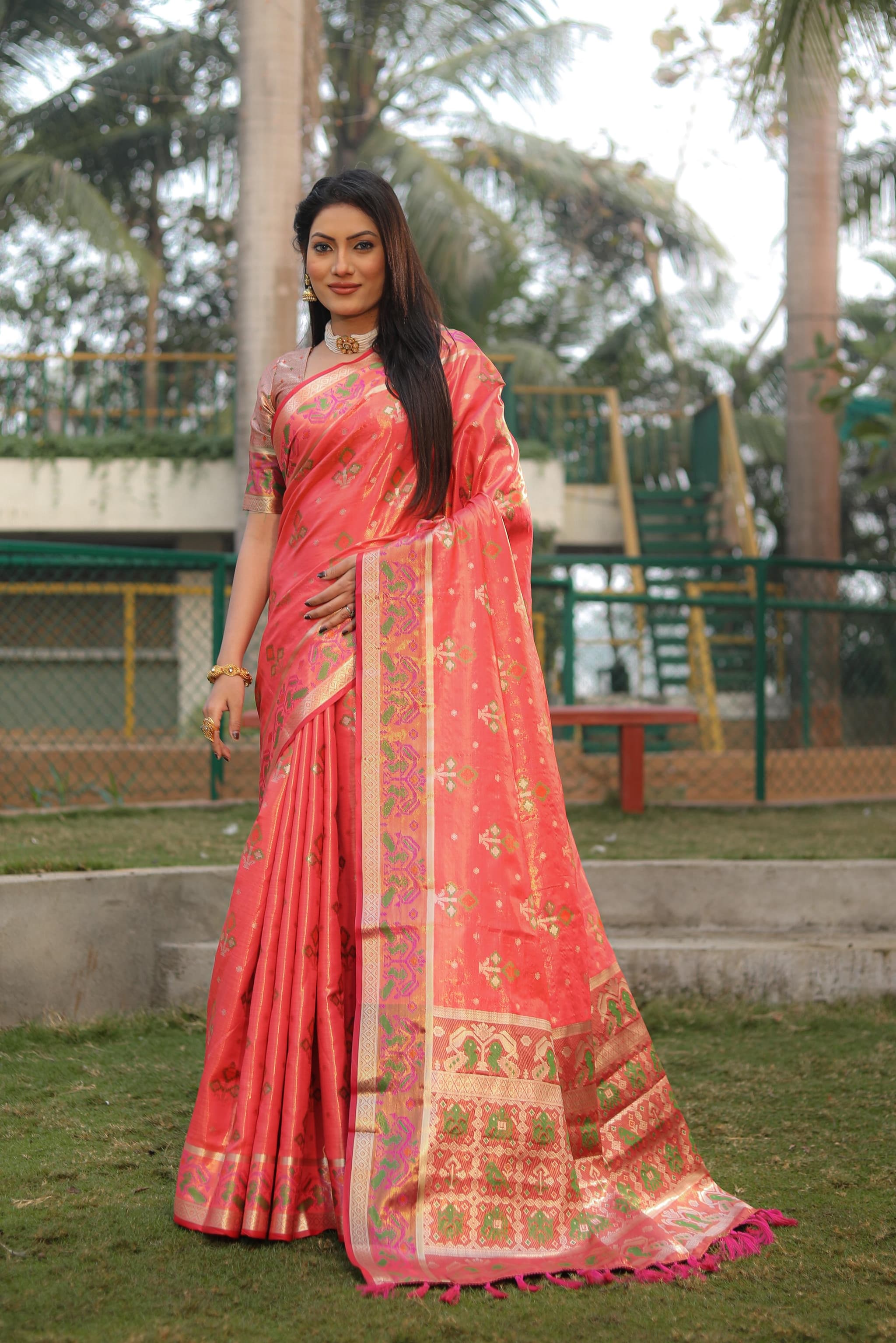 Brick Red Soft Banarasi Organza Silk Saree