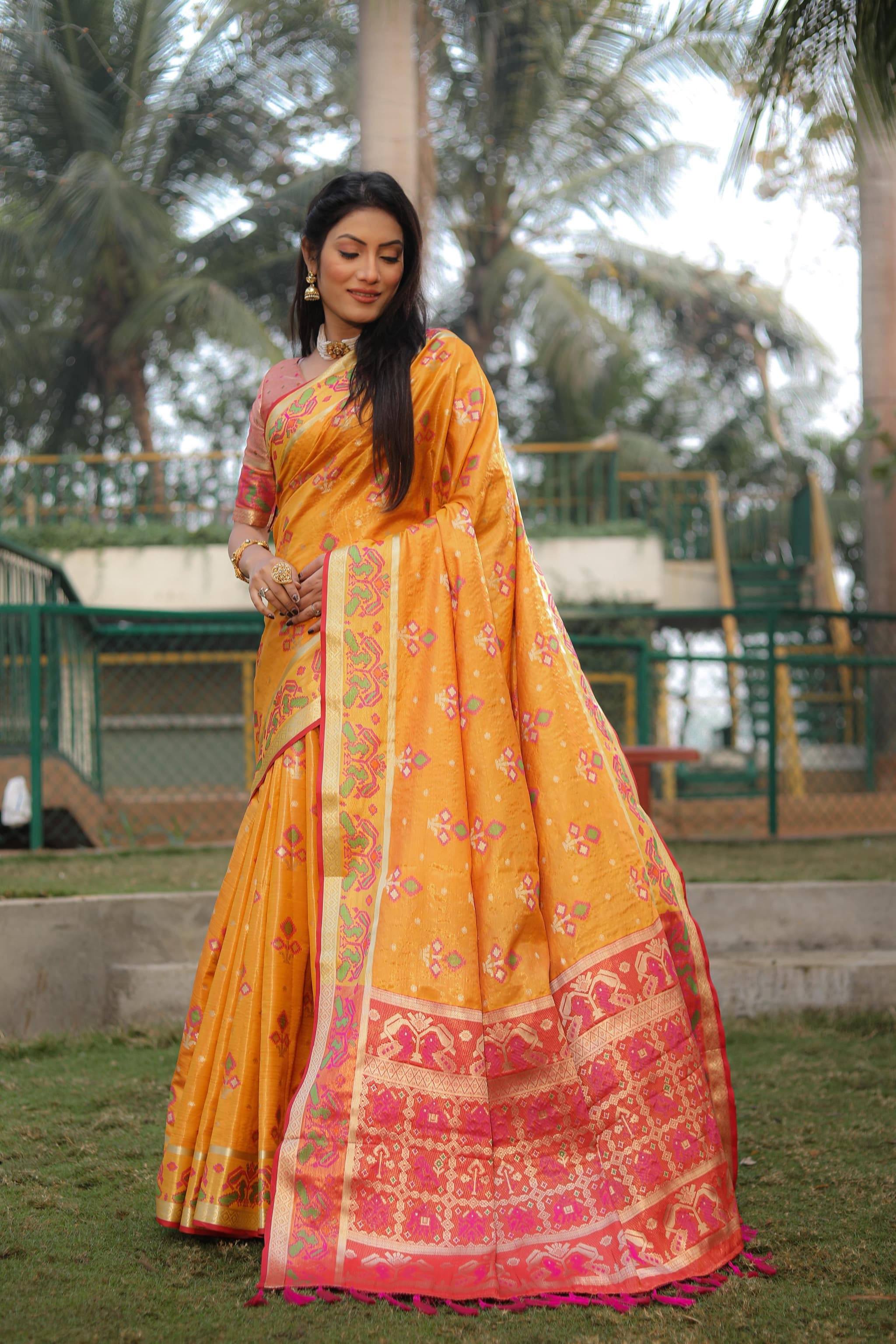 Yellowish Orange Soft Banarasi Organza Silk Saree