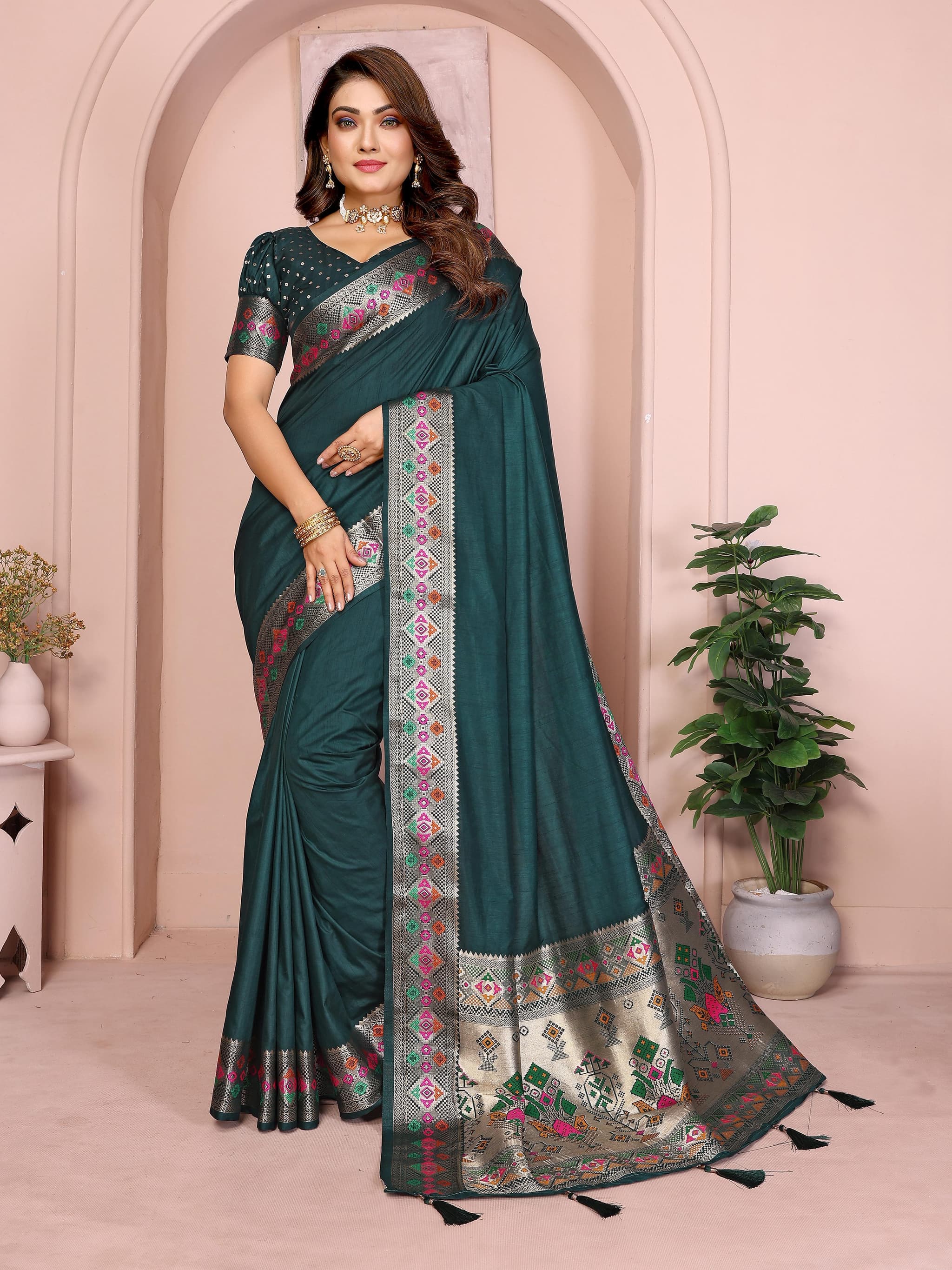 Dark Teal Paithani Silk Saree