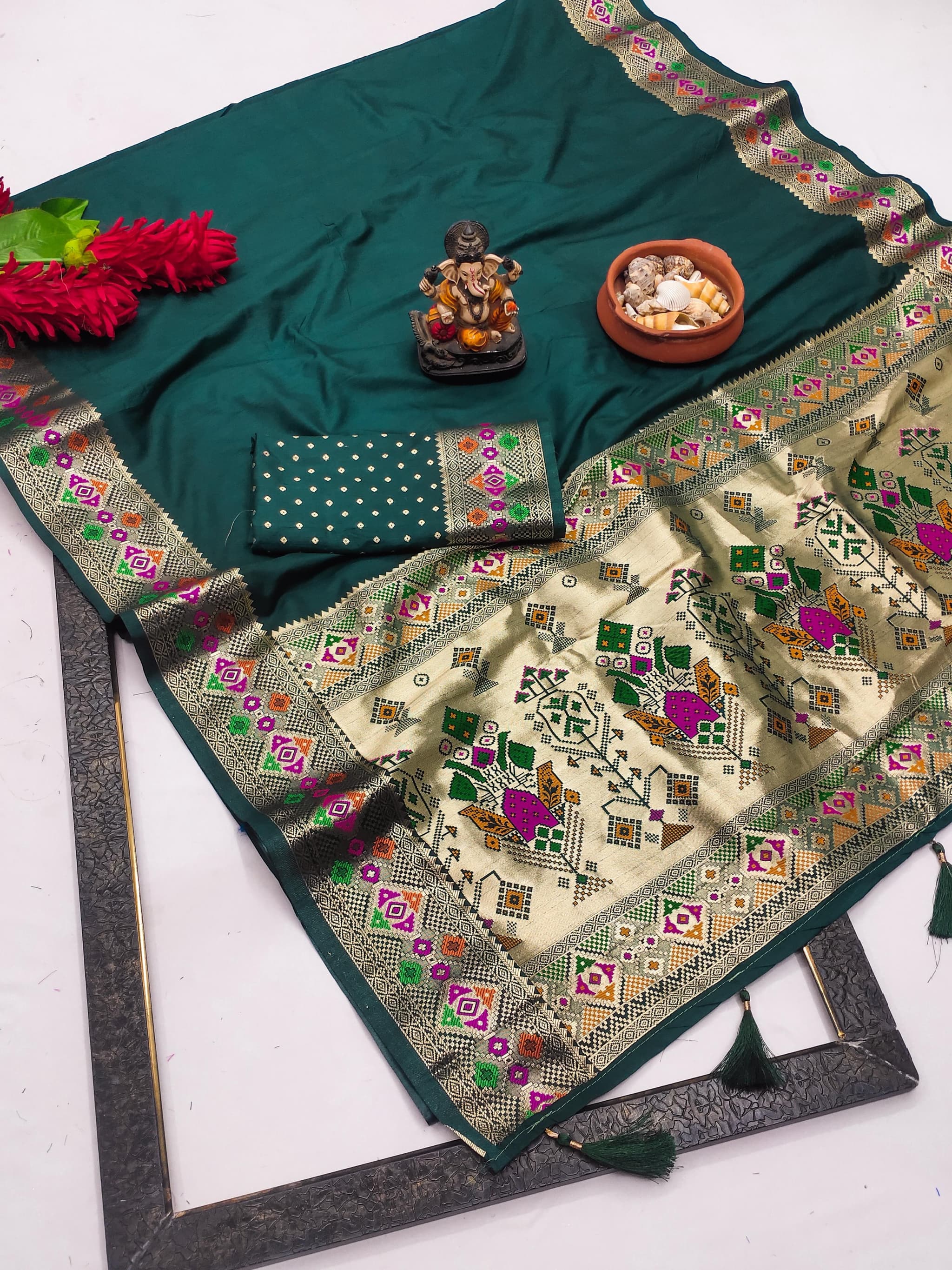 Dark Teal Paithani Silk Saree