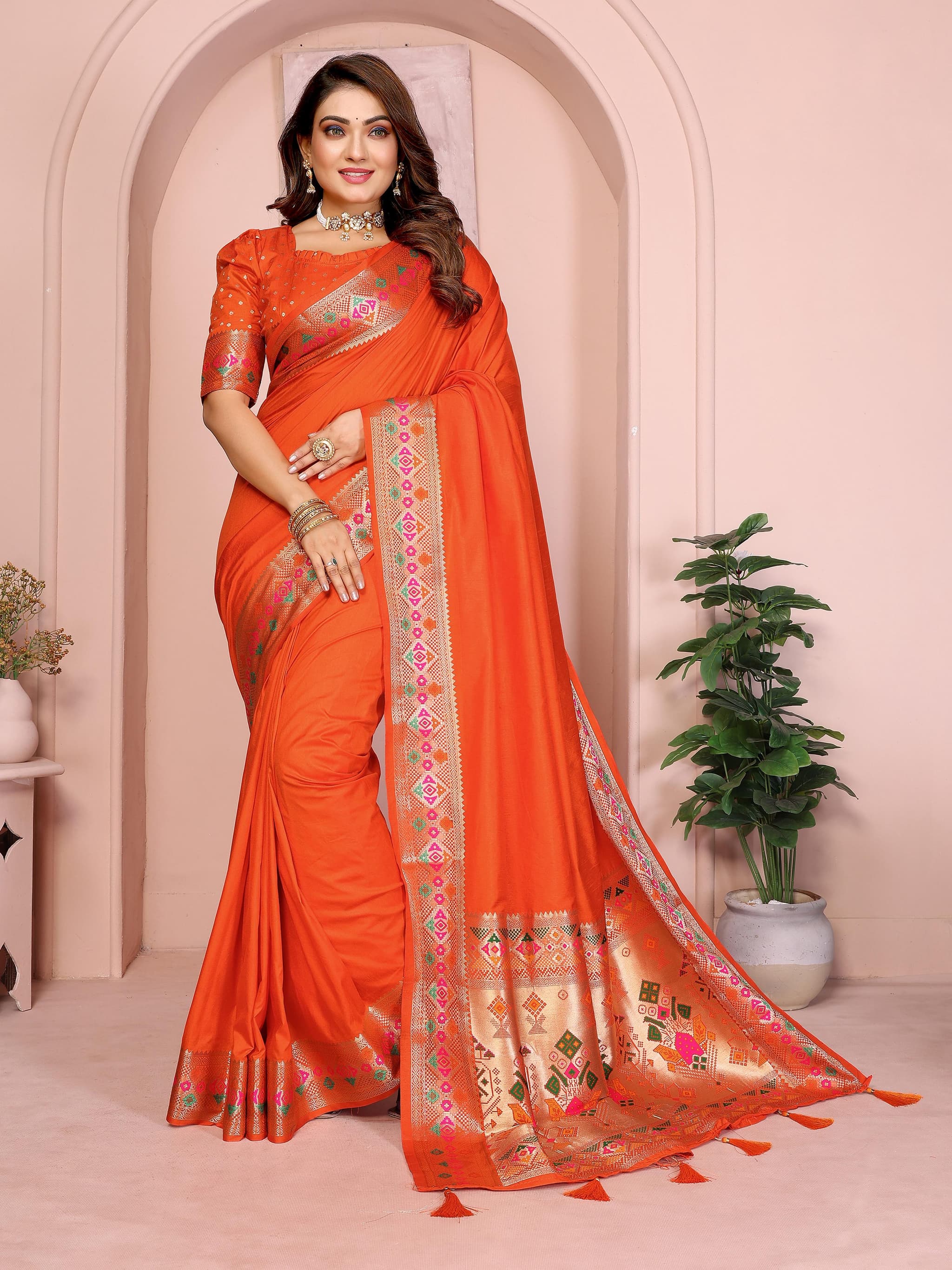 Portland Orange Paithani Silk Saree