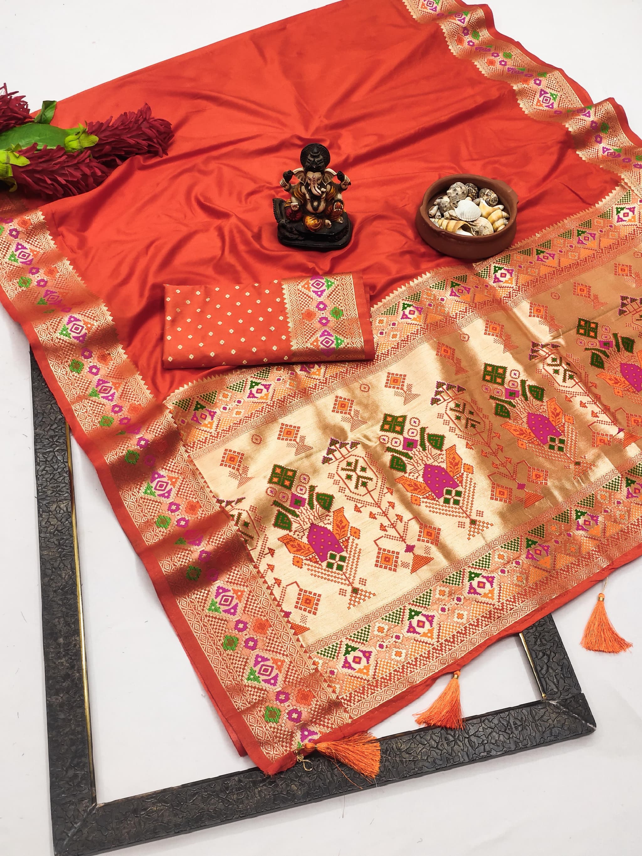 Portland Orange Paithani Silk Saree