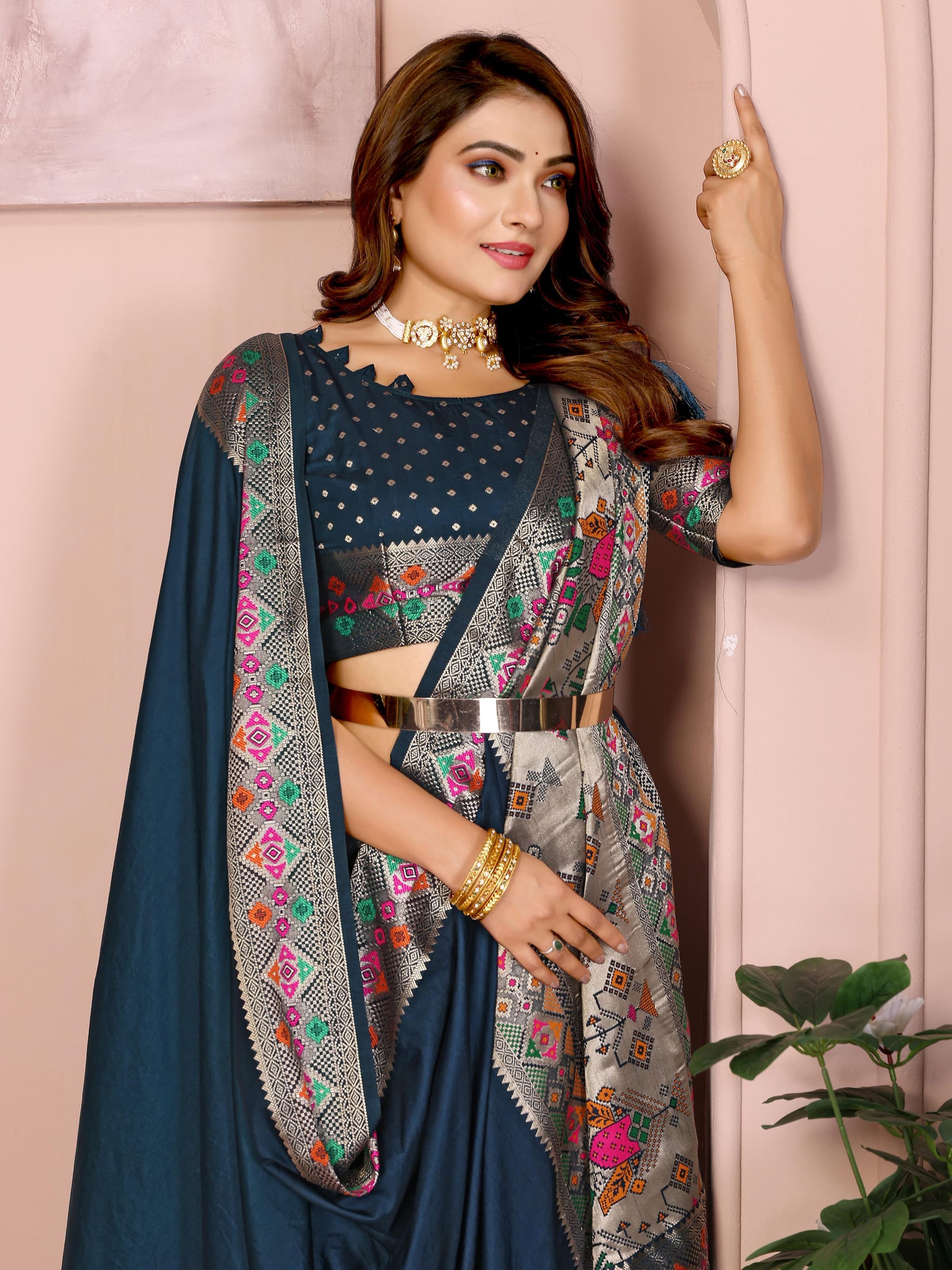 Dark Grey Blue Paithani Silk Saree