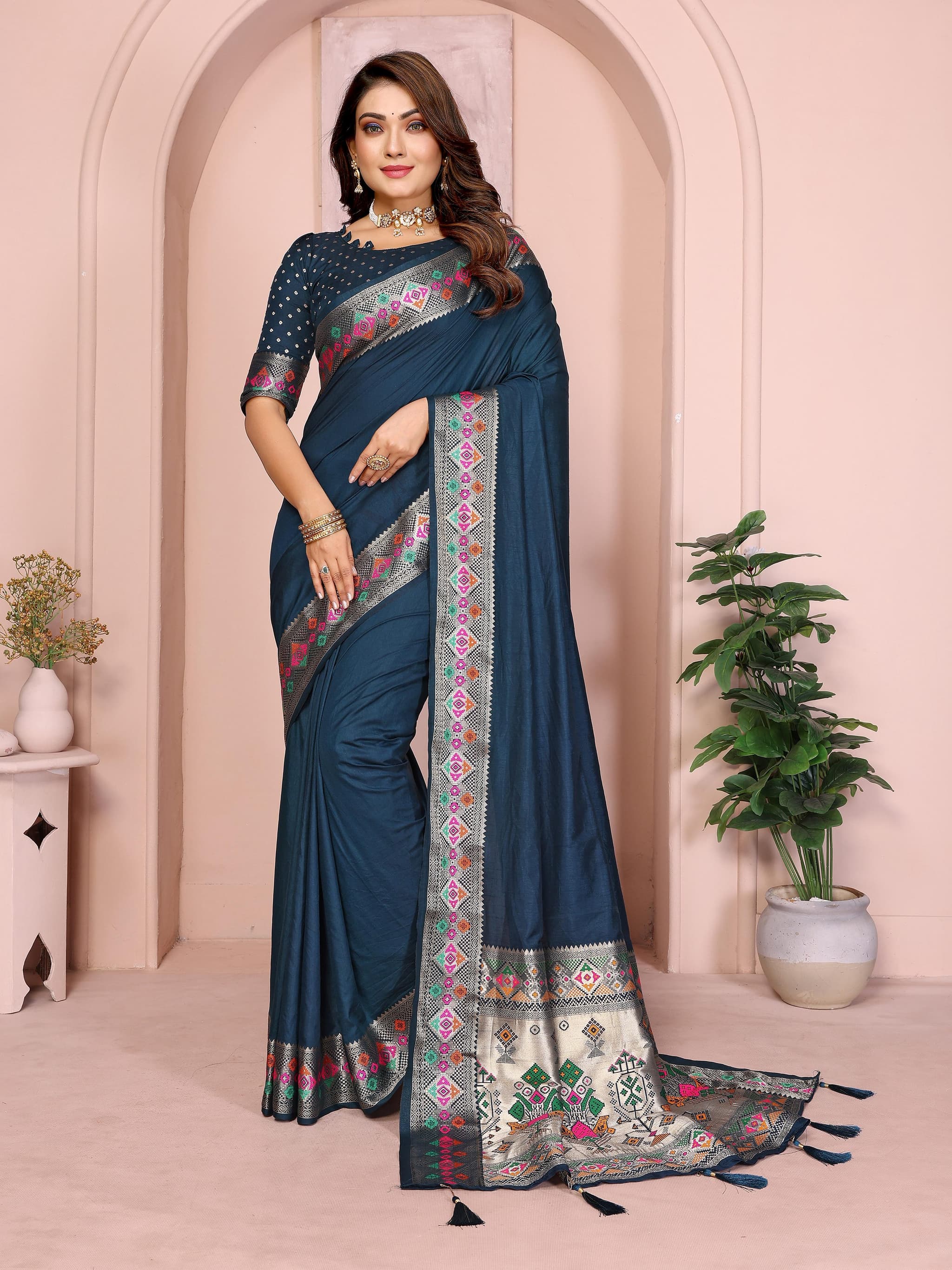 Dark Grey Blue Paithani Silk Saree