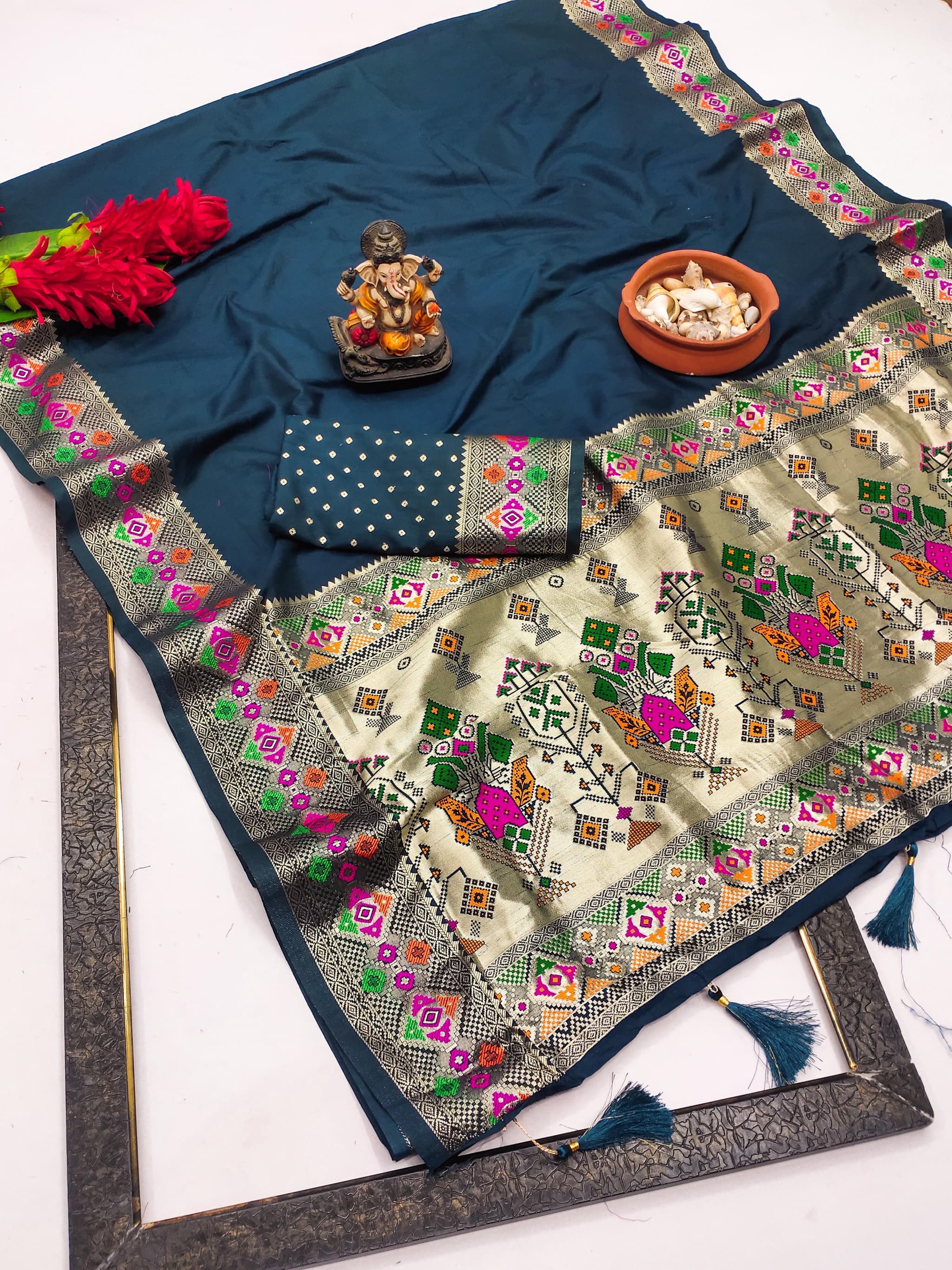 Dark Grey Blue Paithani Silk Saree