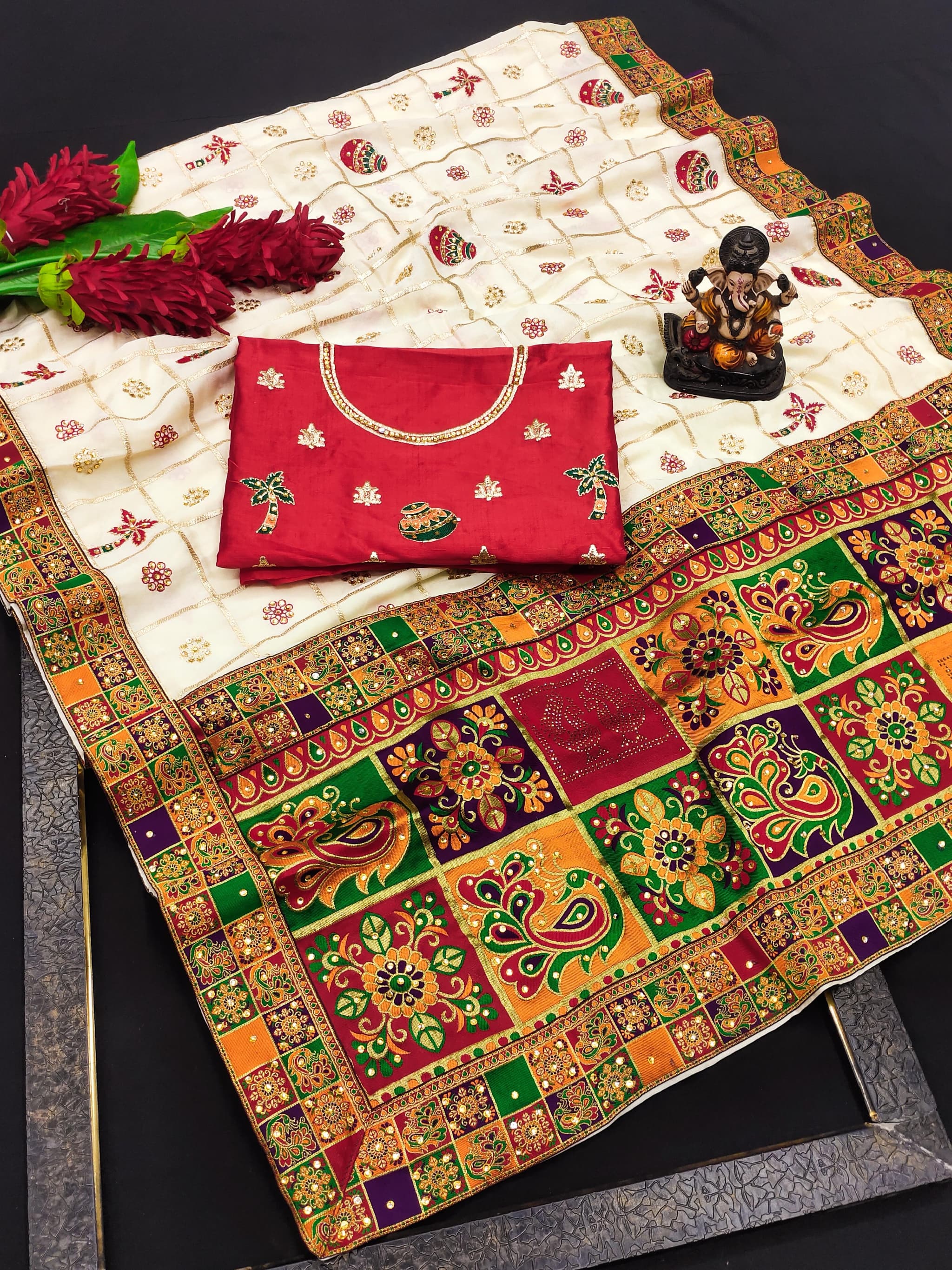 White Panetar Patola Dola Silk Saree with Embroidery & Diamond Work
