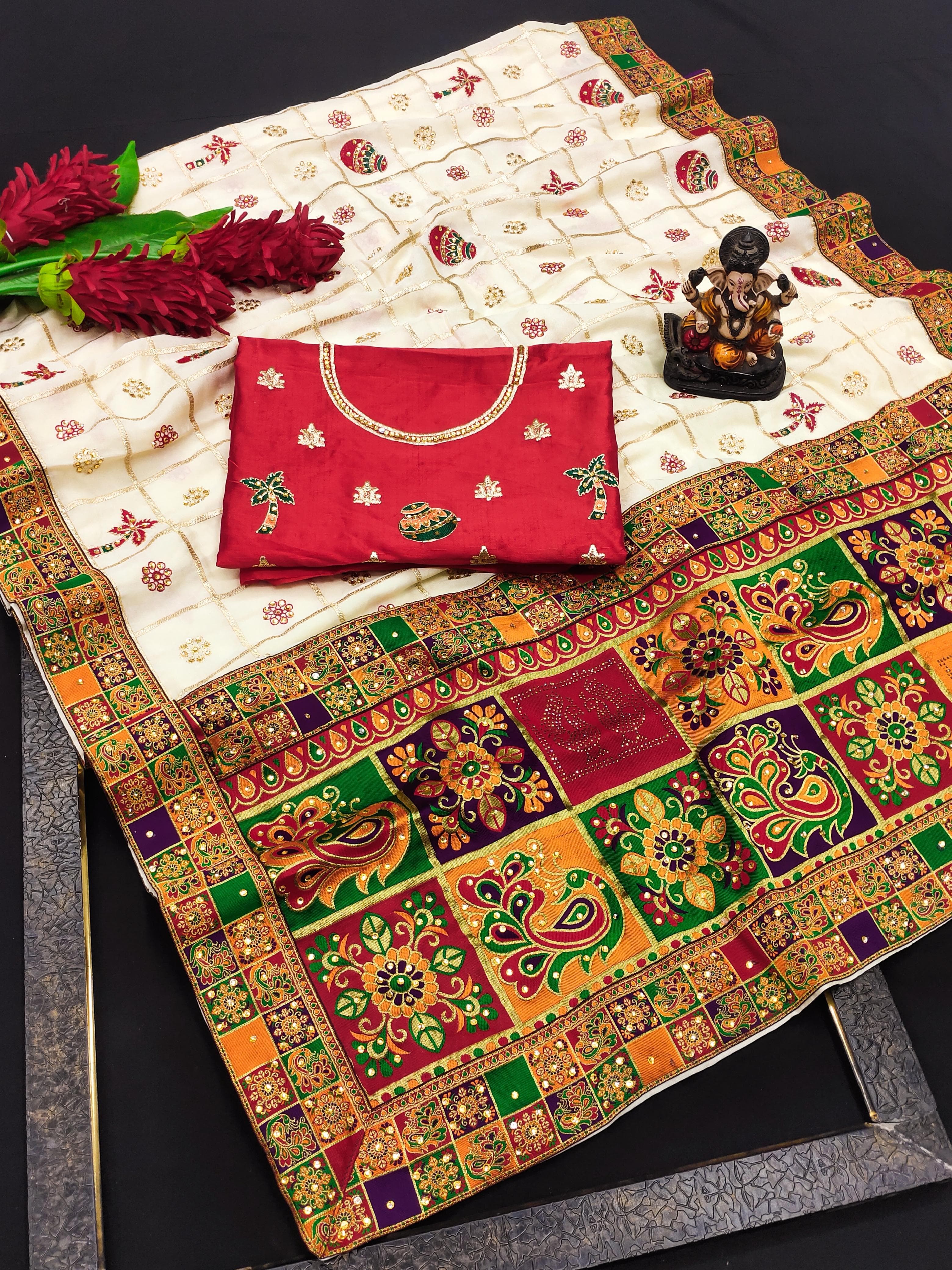 White Panetar Patola Dola Silk Saree with Embroidery & Diamond Work