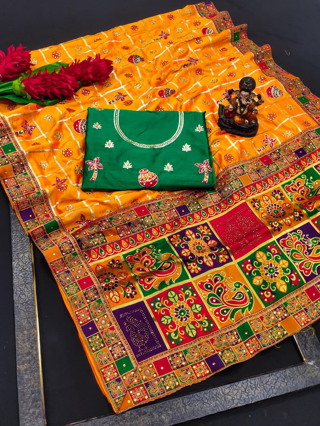 Yellow Panetar Patola Dola Silk Saree with Embroidery & Diamond Work