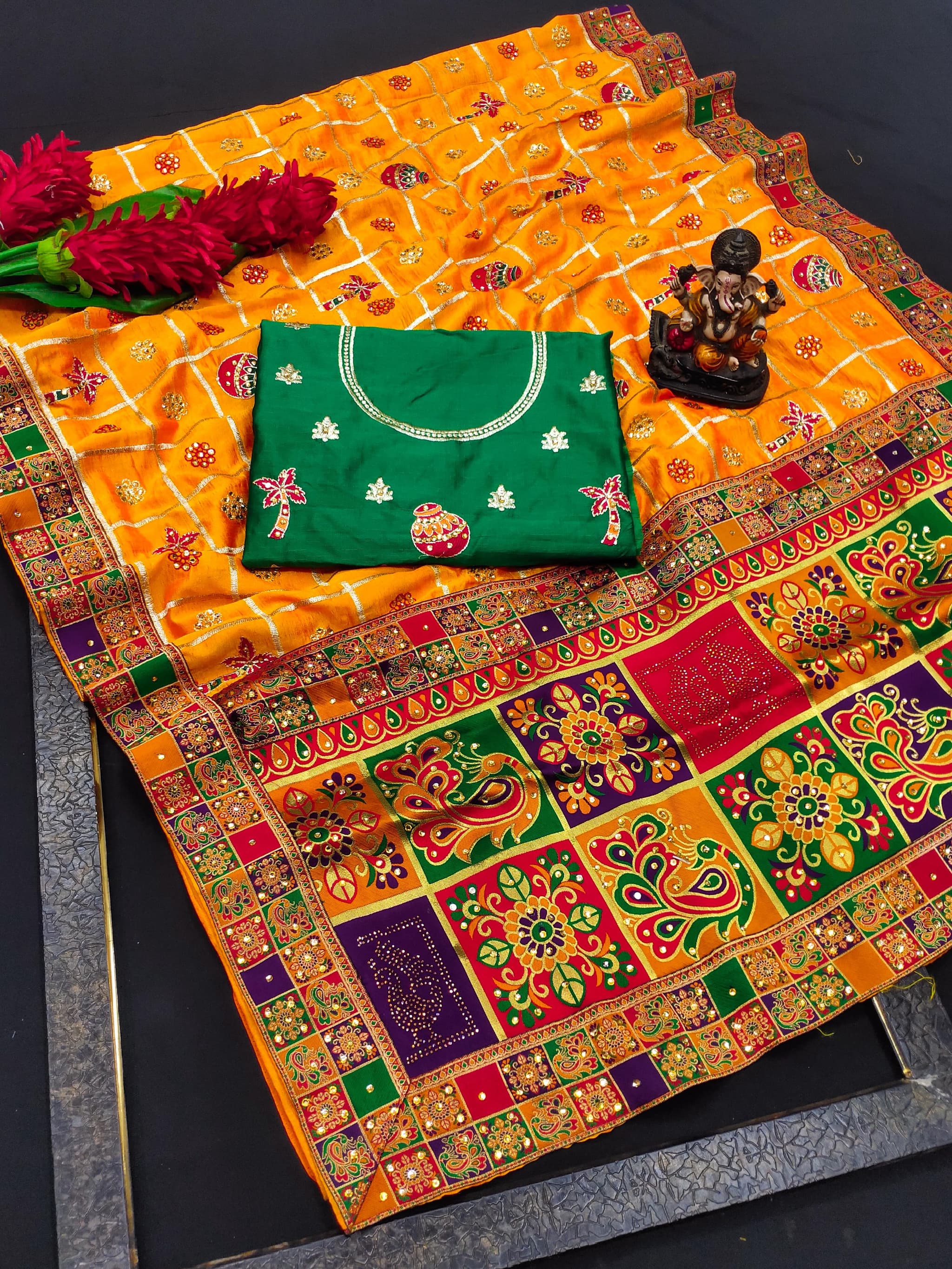 Yellow Panetar Patola Dola Silk Saree with Embroidery & Diamond Work