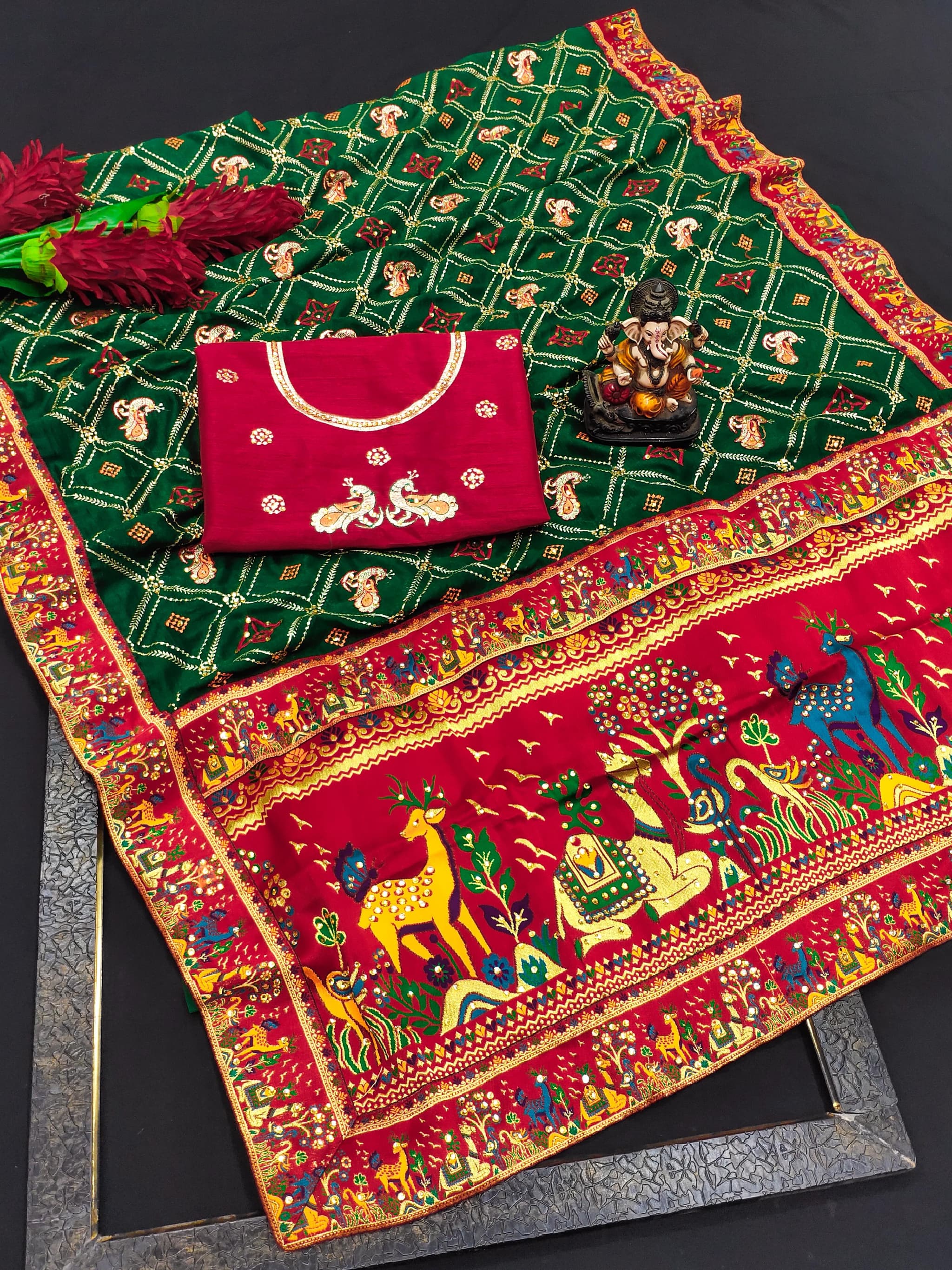 Green Panetar Patola Dola Silk Saree with Embroidery & Diamond Work