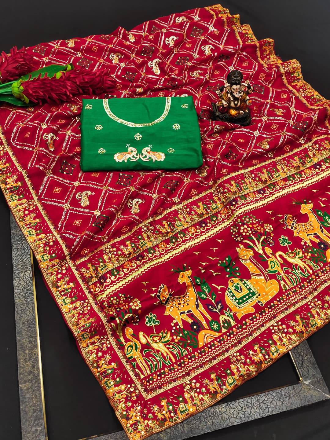 Red Panetar Patola Dola Silk Saree with Embroidery & Diamond Work