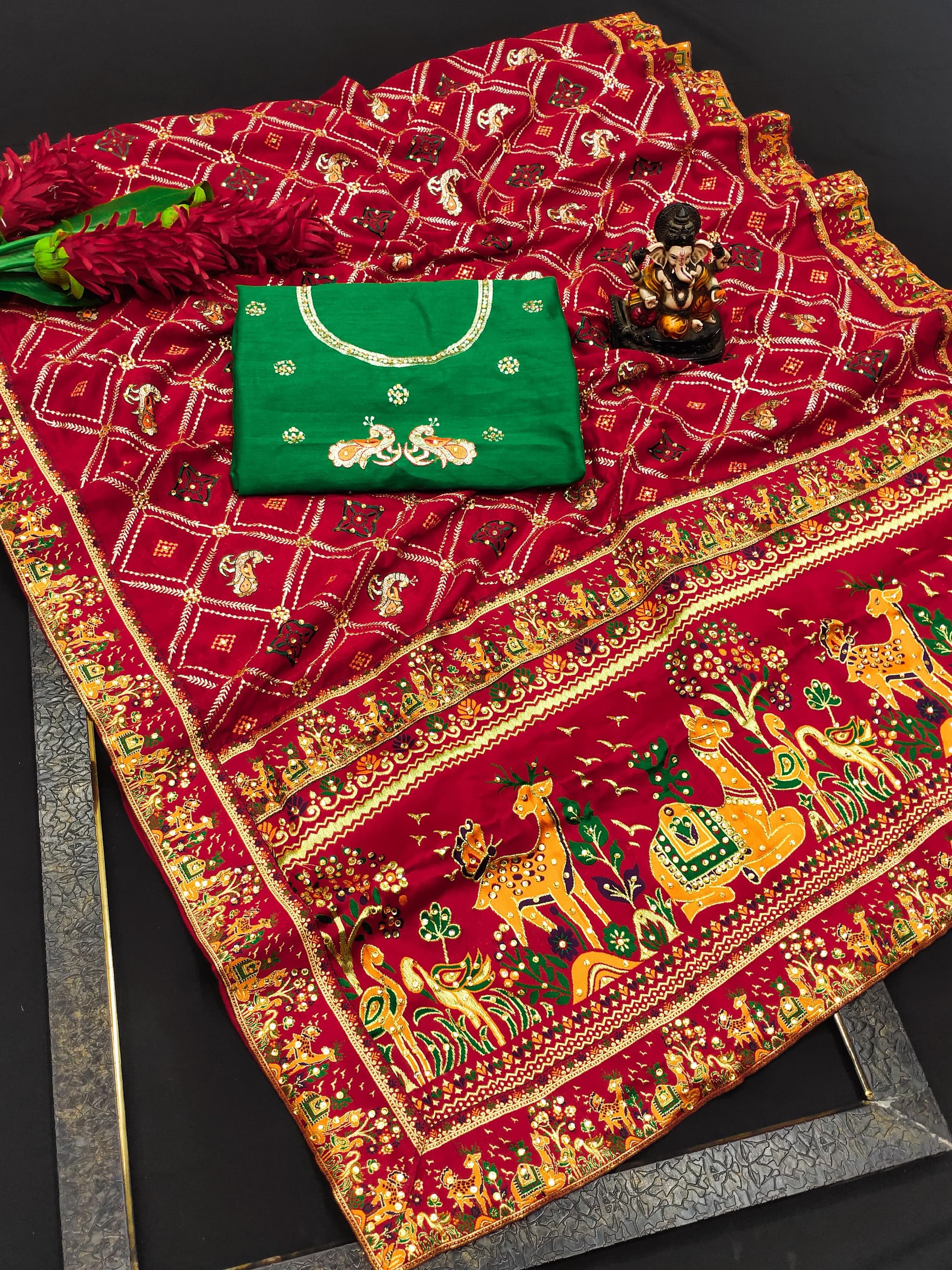 Red Panetar Patola Dola Silk Saree with Embroidery & Diamond Work