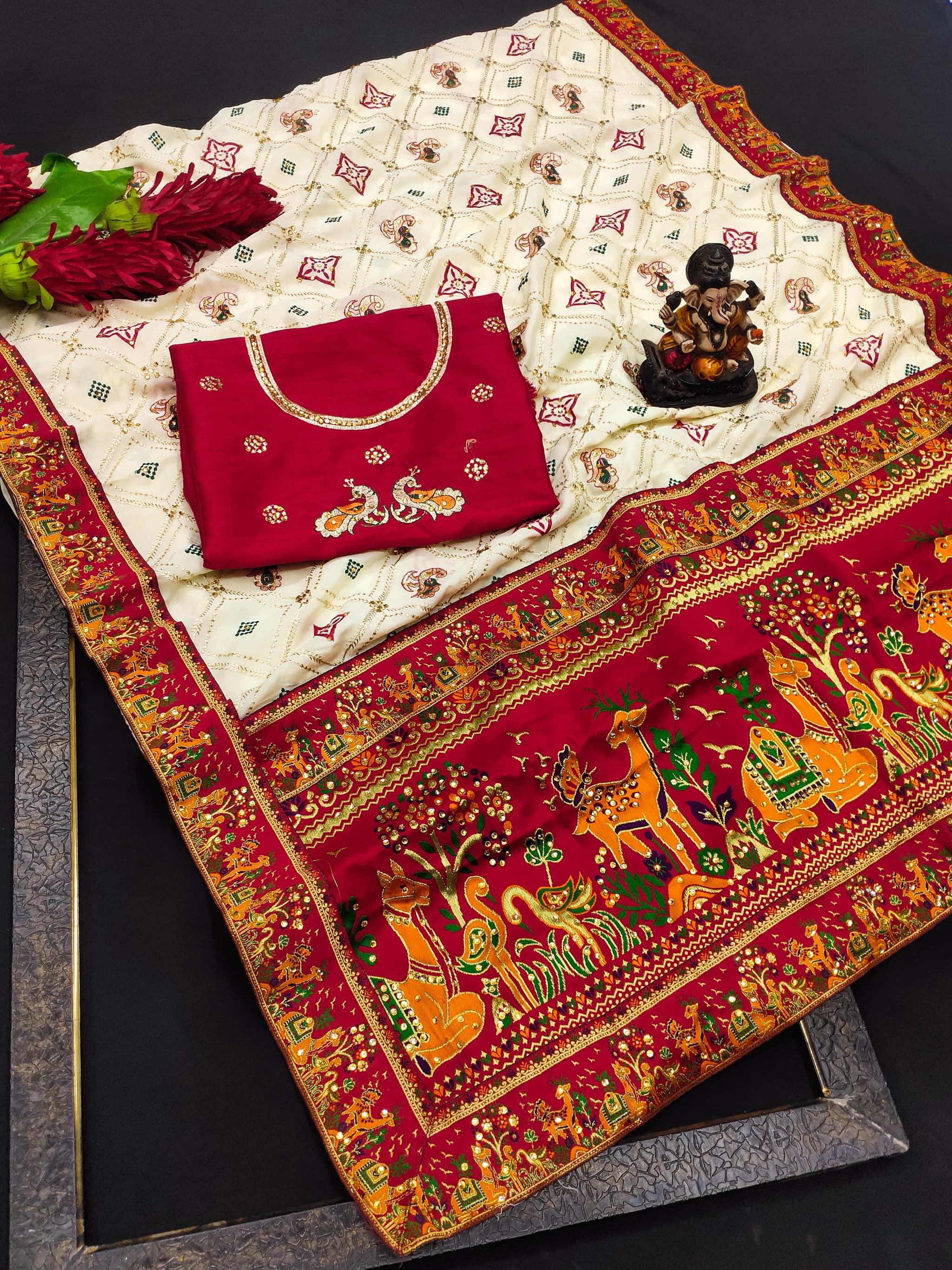 White Panetar Patola Dola Silk Saree with Embroidery & Diamond Work