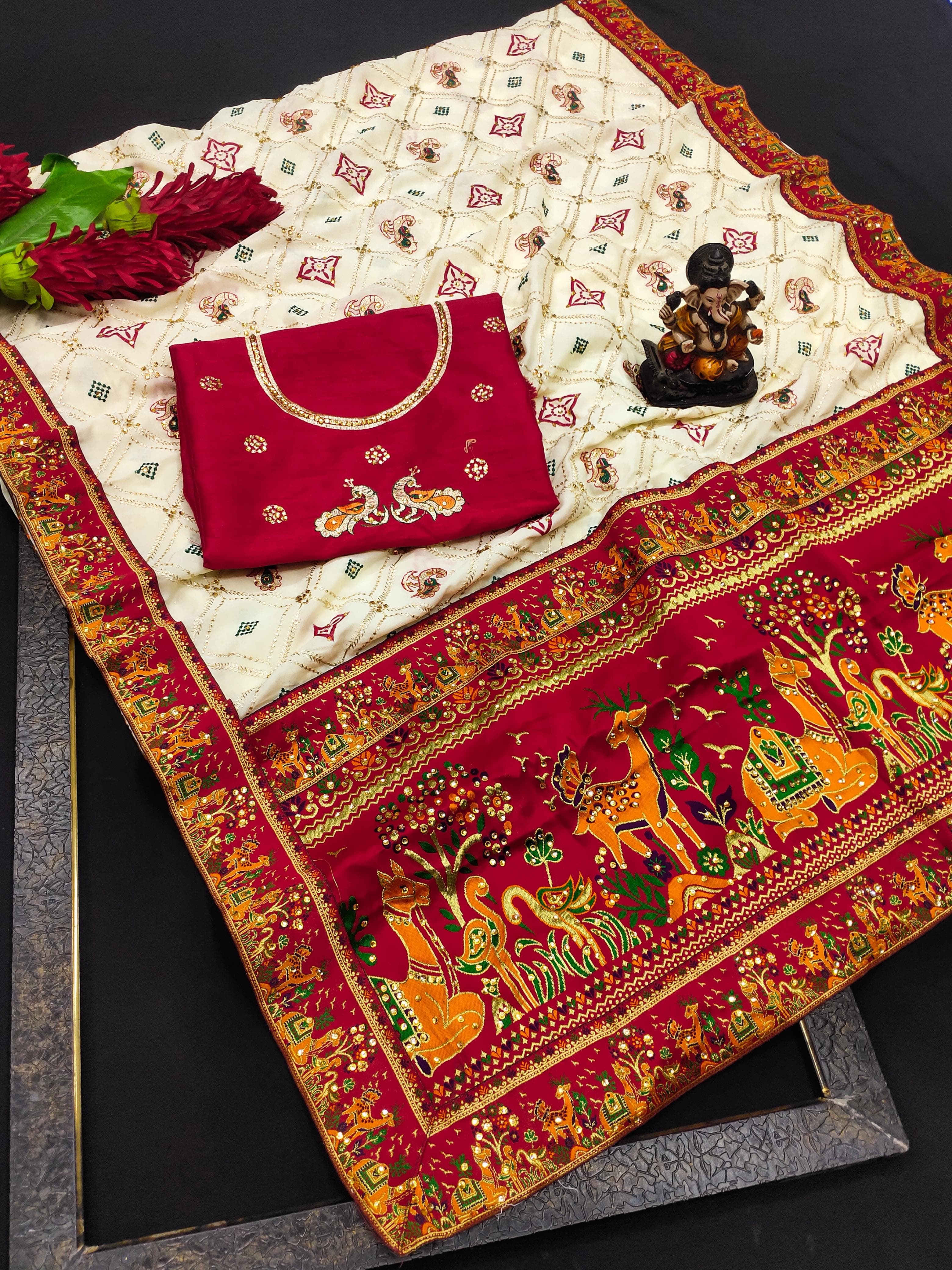 White Panetar Patola Dola Silk Saree with Embroidery & Diamond Work