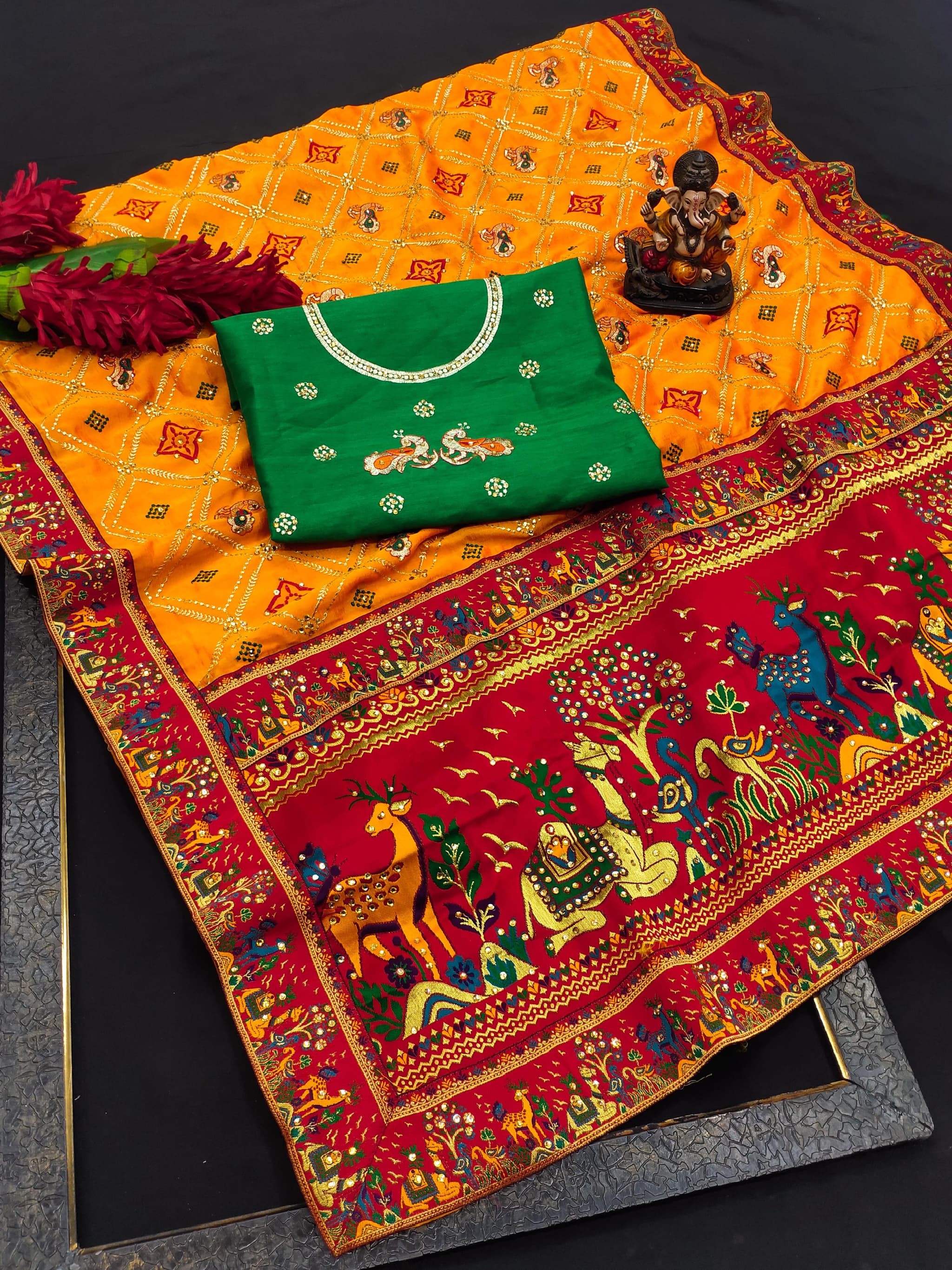 Yellow Panetar Patola Dola Silk Saree with Embroidery & Diamond Work