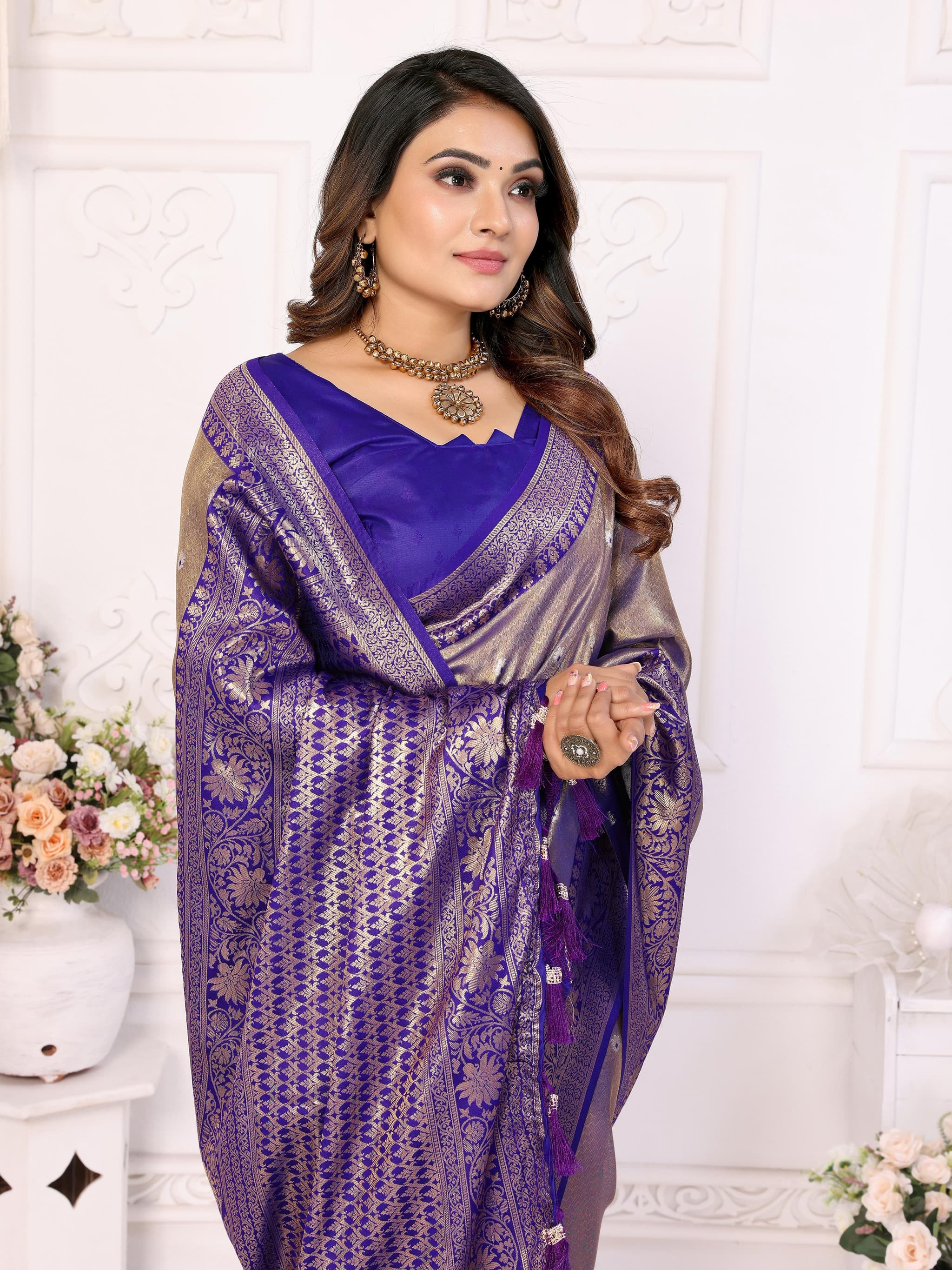 Premium Blue Banarasi Tissue Silk Saree with Butti Weaving & Contrast Woven Pallu