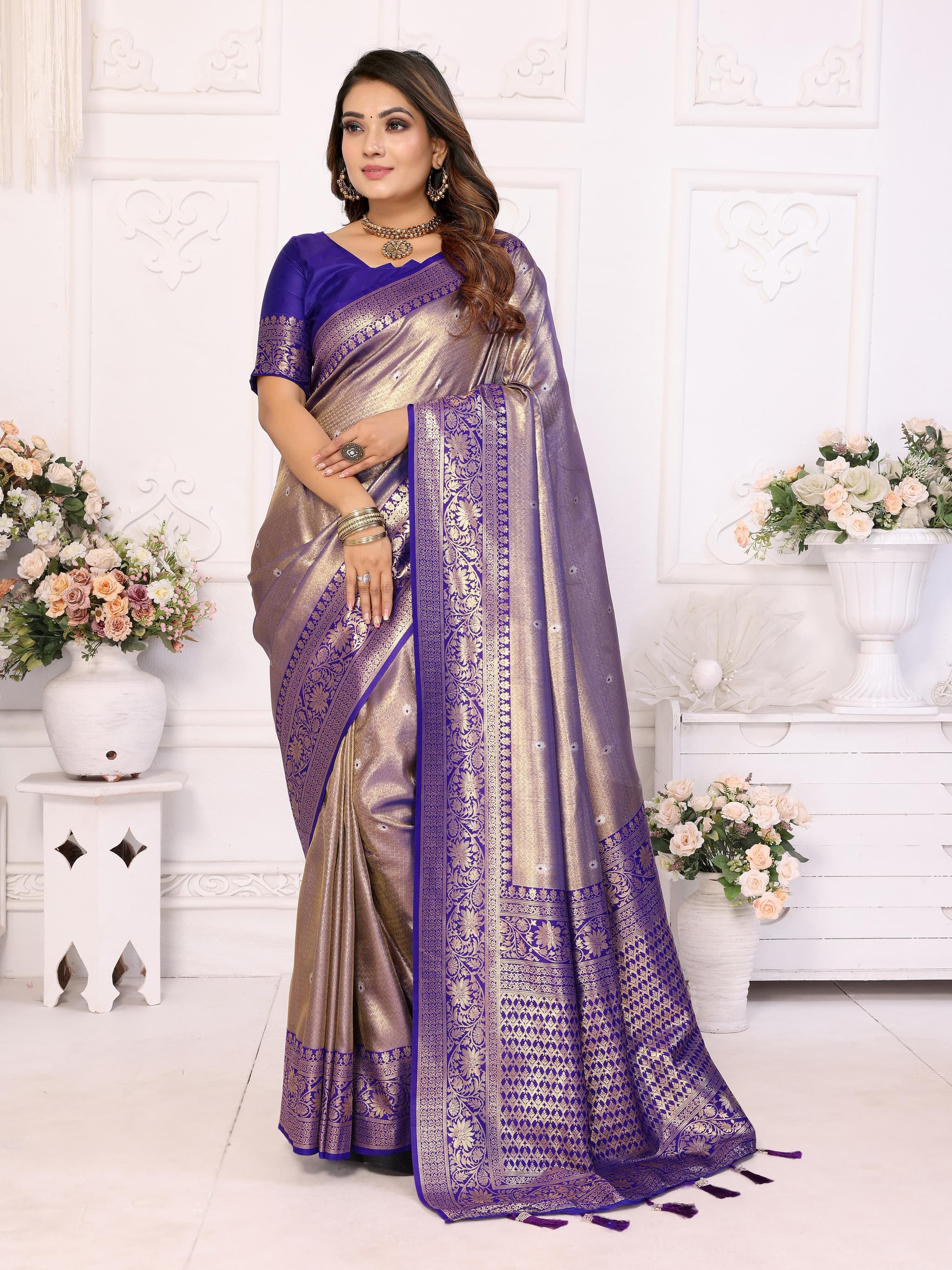 Premium Blue Banarasi Tissue Silk Saree with Butti Weaving & Contrast Woven Pallu