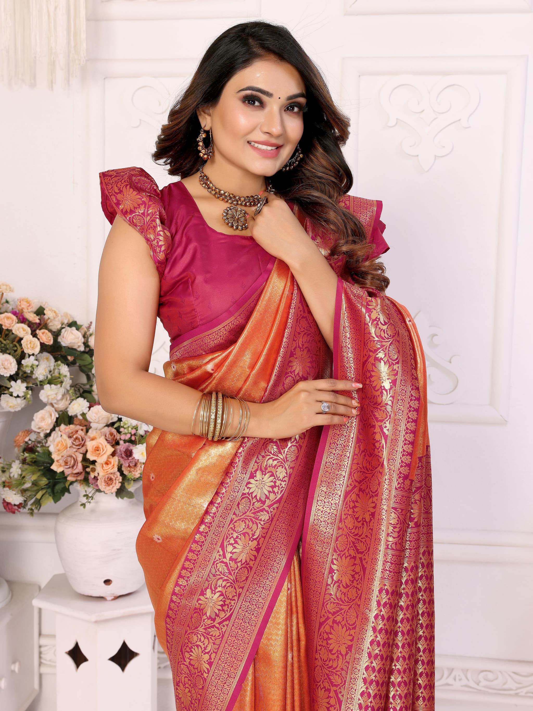 Premium Portland Orange Banarasi Tissue Silk Saree with Butti Weaving & Contrast Woven Pallu