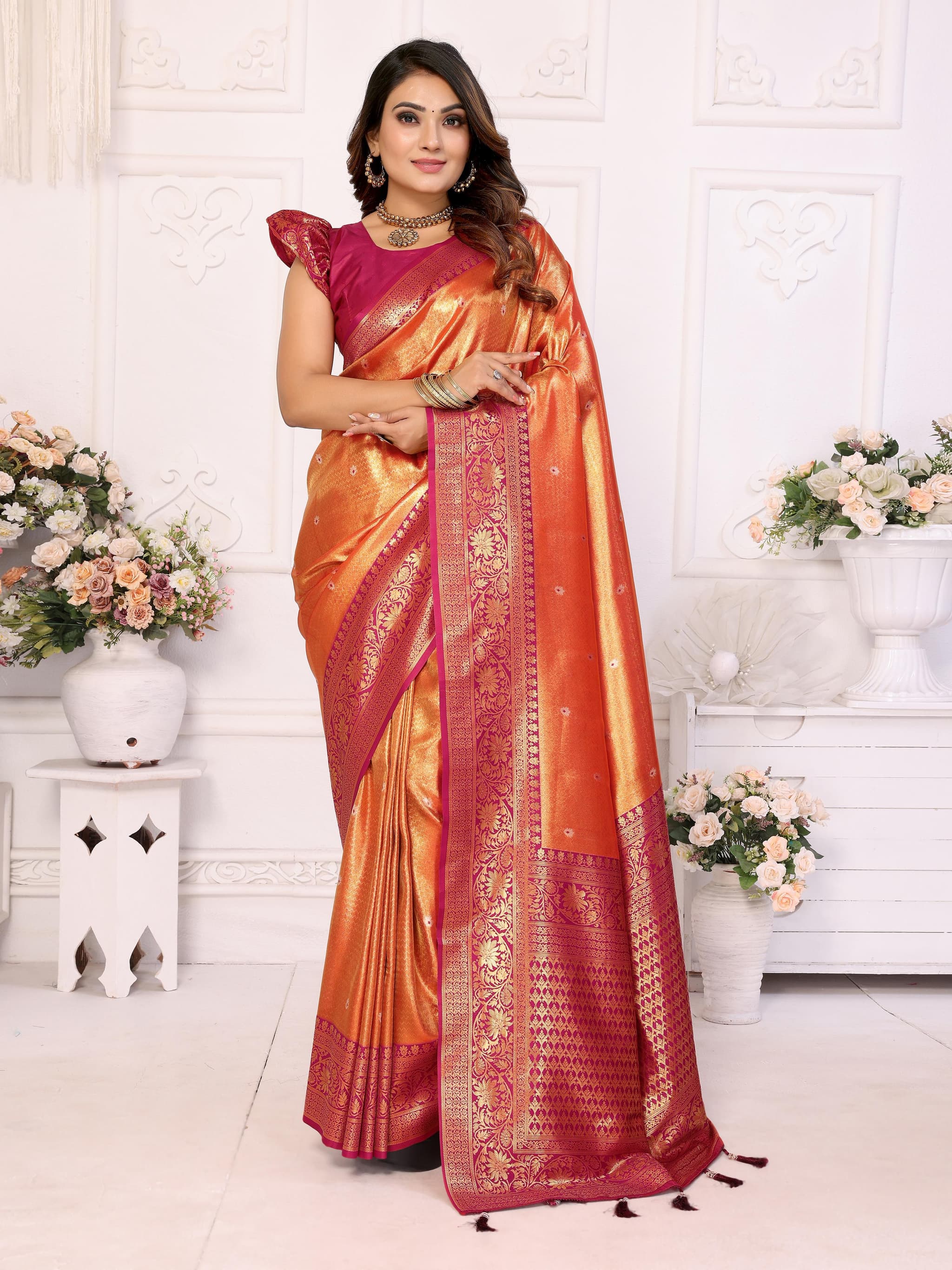 Premium Portland Orange Banarasi Tissue Silk Saree with Butti Weaving & Contrast Woven Pallu