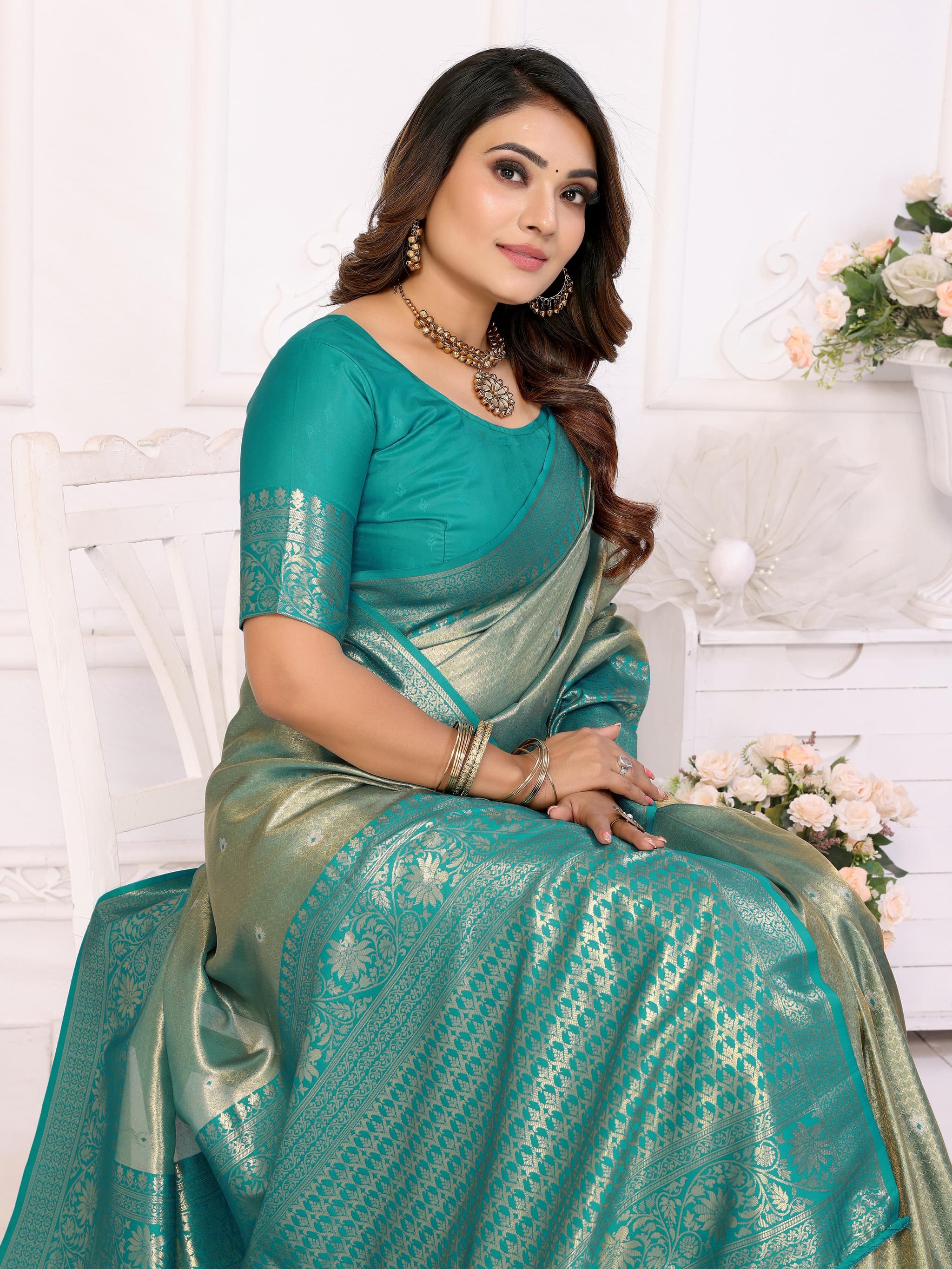 Premium Vista Blue Banarasi Tissue Silk Saree with Butti Weaving & Contrast Woven Pallu