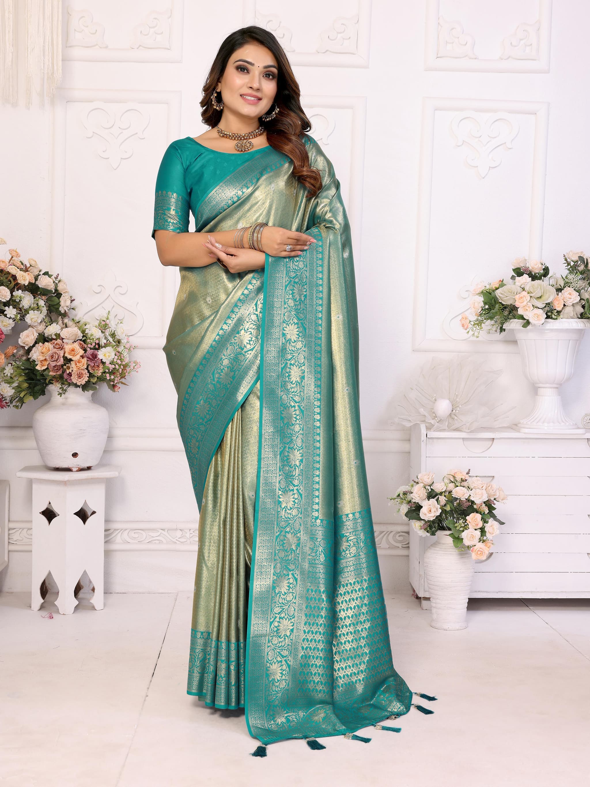 Premium Vista Blue Banarasi Tissue Silk Saree with Butti Weaving & Contrast Woven Pallu