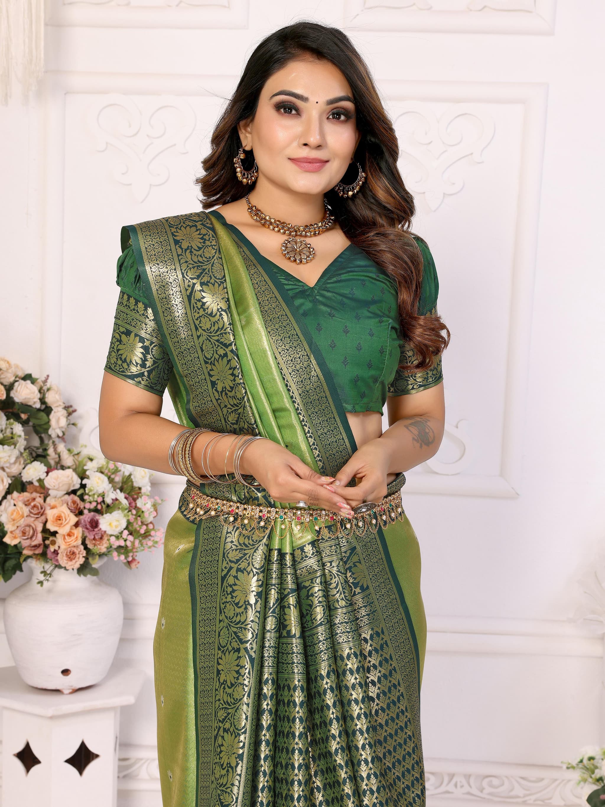 Premium Muted Green Banarasi Tissue Silk Saree with Butti Weaving & Contrast Woven Pallu