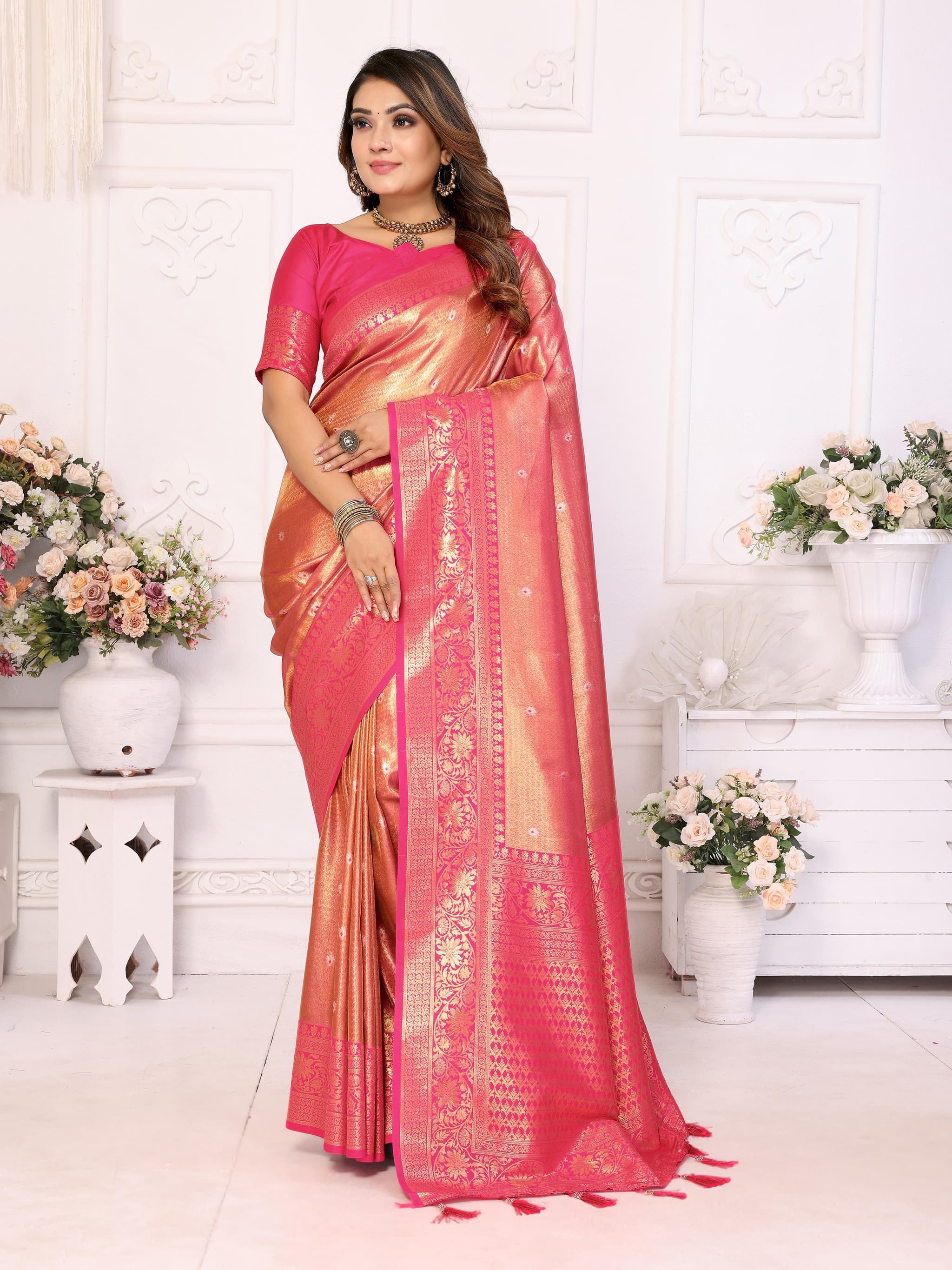 Premium Pink Banarasi Tissue Silk Saree with Butti Weaving & Contrast Woven Pallu