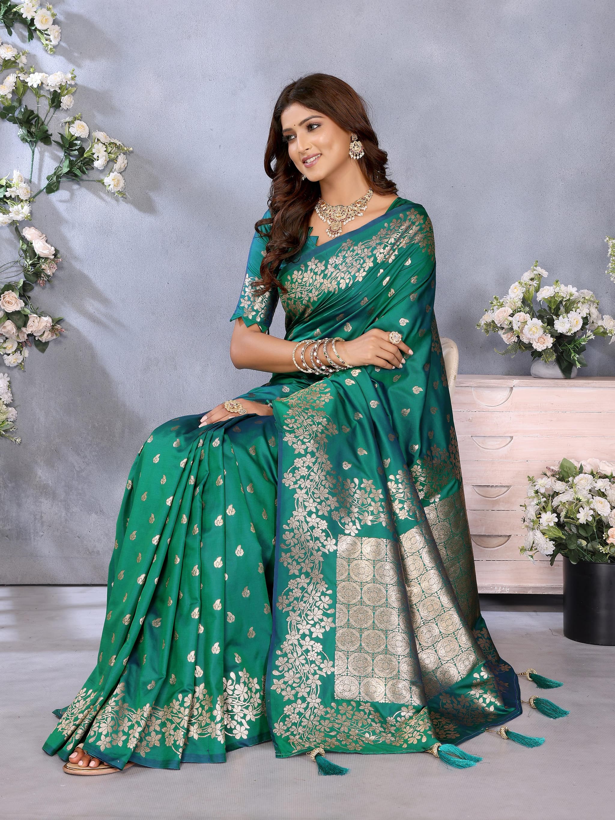Elf Green Premium Banarasi Silk Saree with Gala Weaving & Exclusive Summer Collection