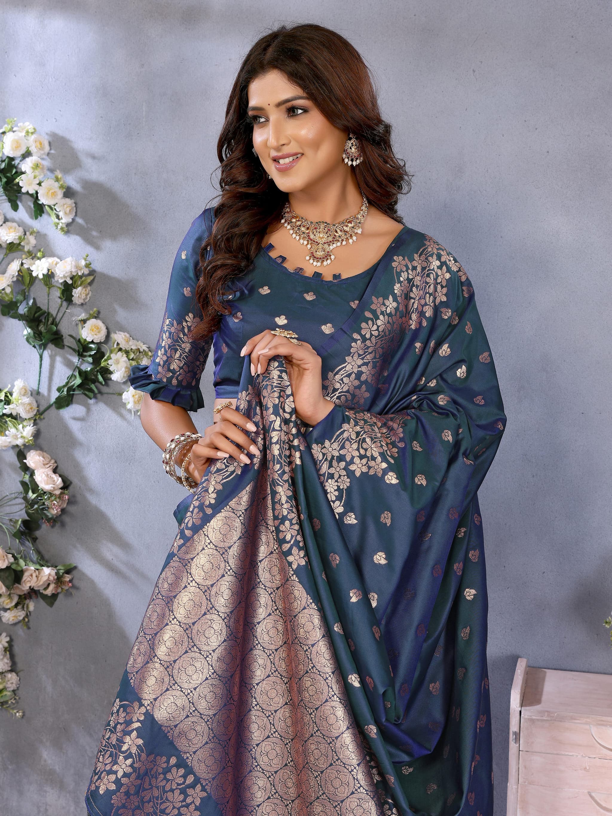 Dark Blue Grey Premium Banarasi Silk Saree with Gala Weaving & Exclusive Summer Collection
