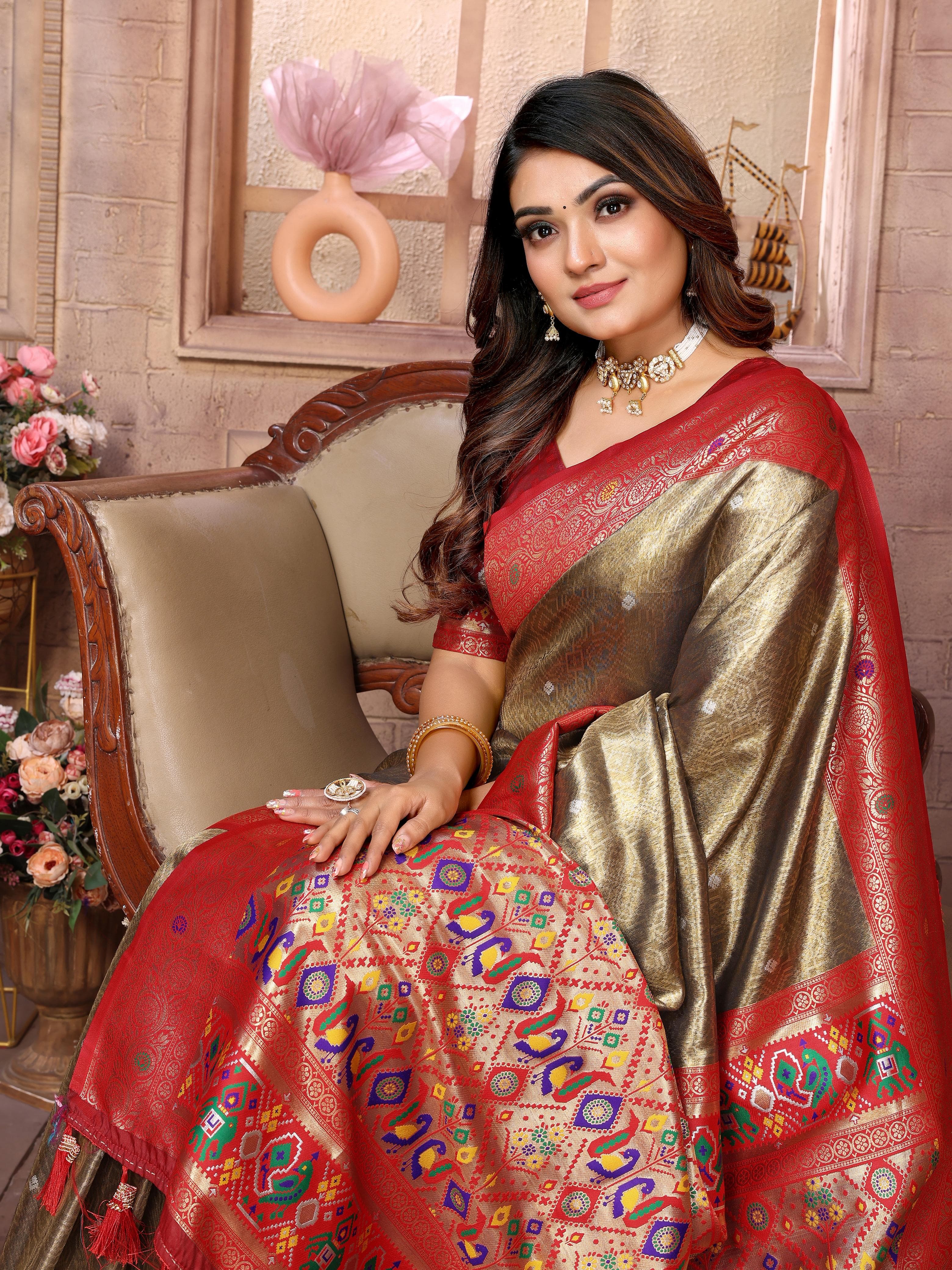 Brown Grey Premium Banarasi Tissue Silk Saree with Paithani Border & Weaving Butti Work