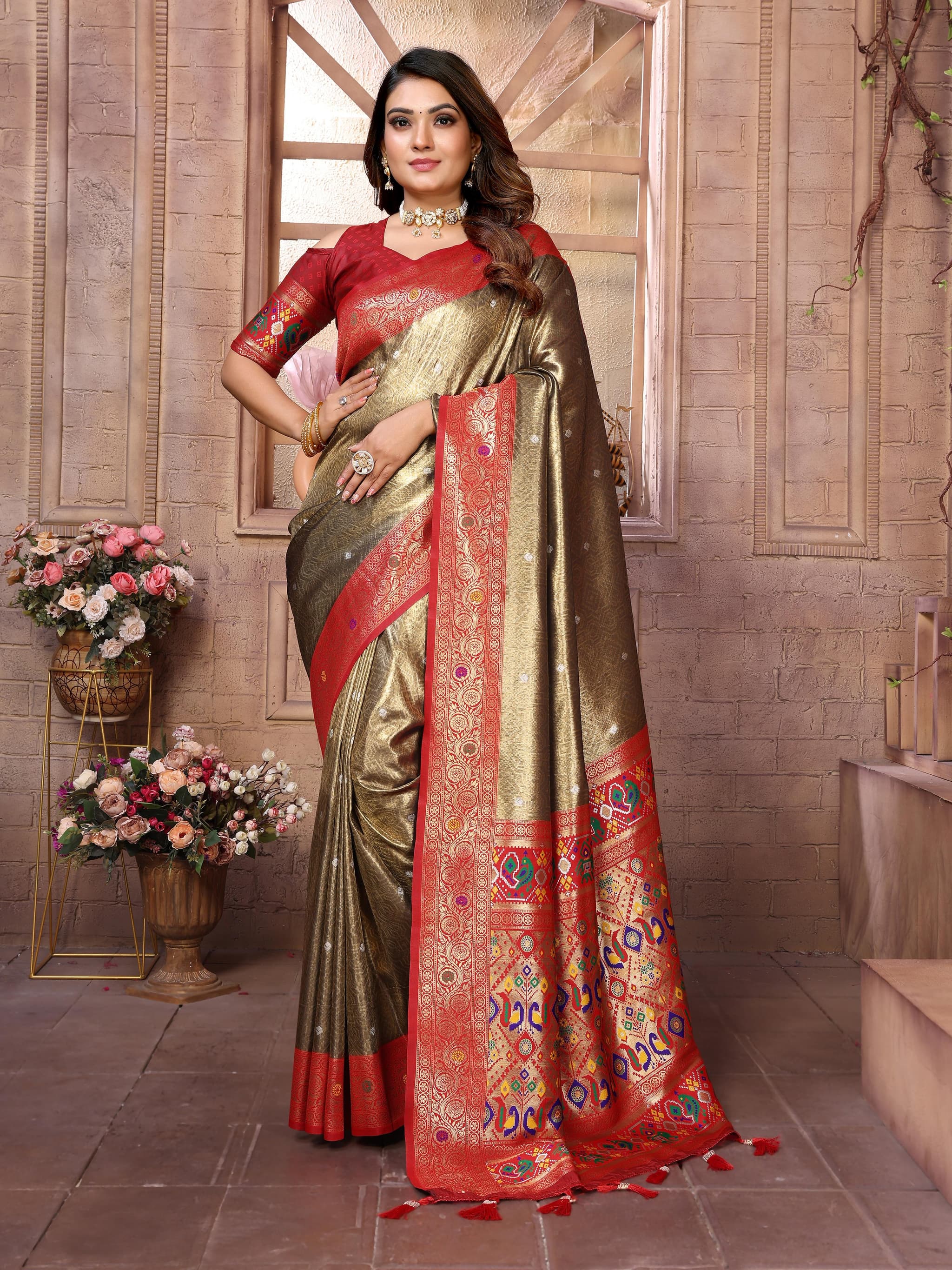 Brown Grey Premium Banarasi Tissue Silk Saree with Paithani Border & Weaving Butti Work