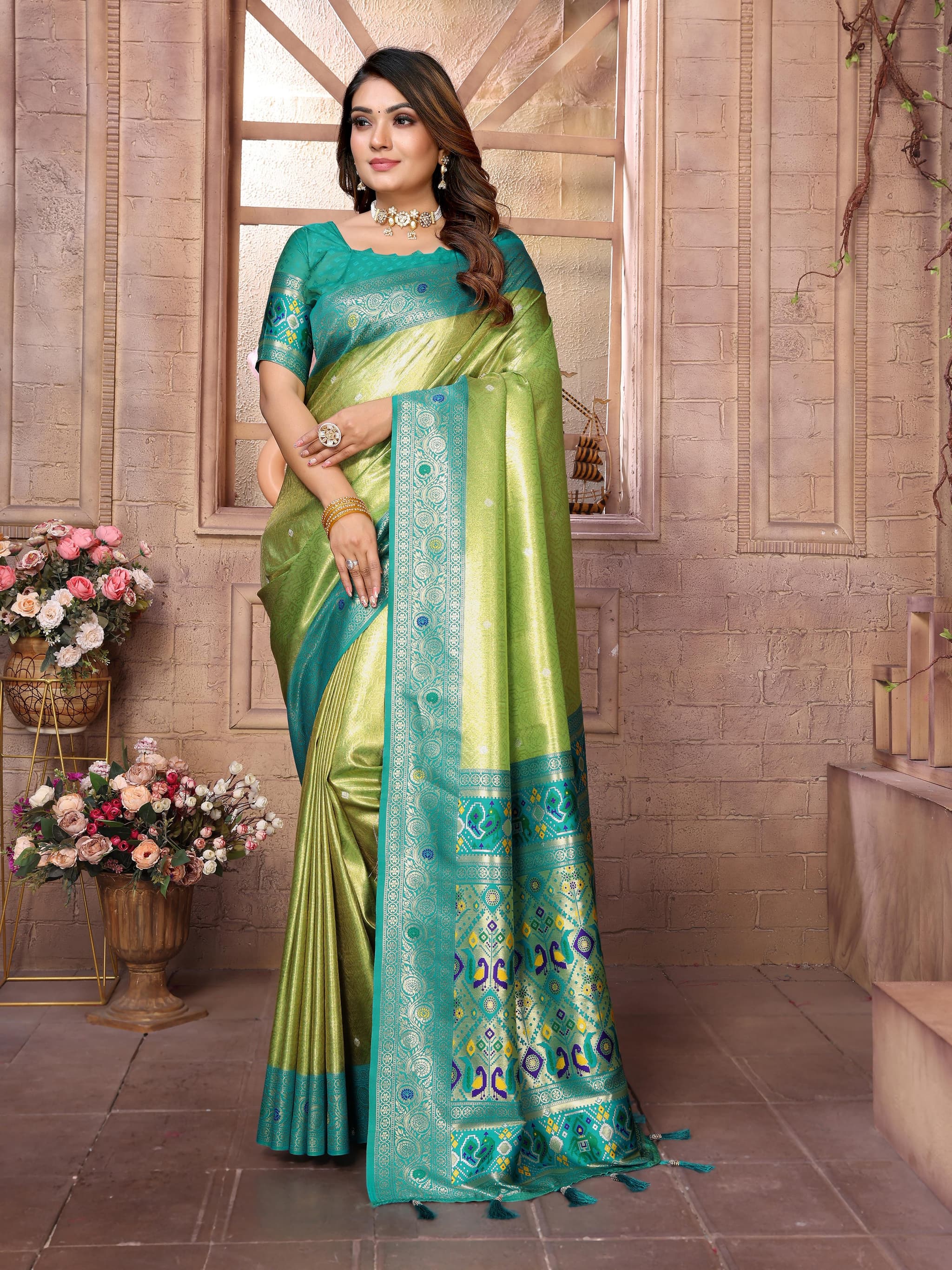 Muted Green Premium Banarasi Tissue Silk Saree with Paithani Border & Weaving Butti Work