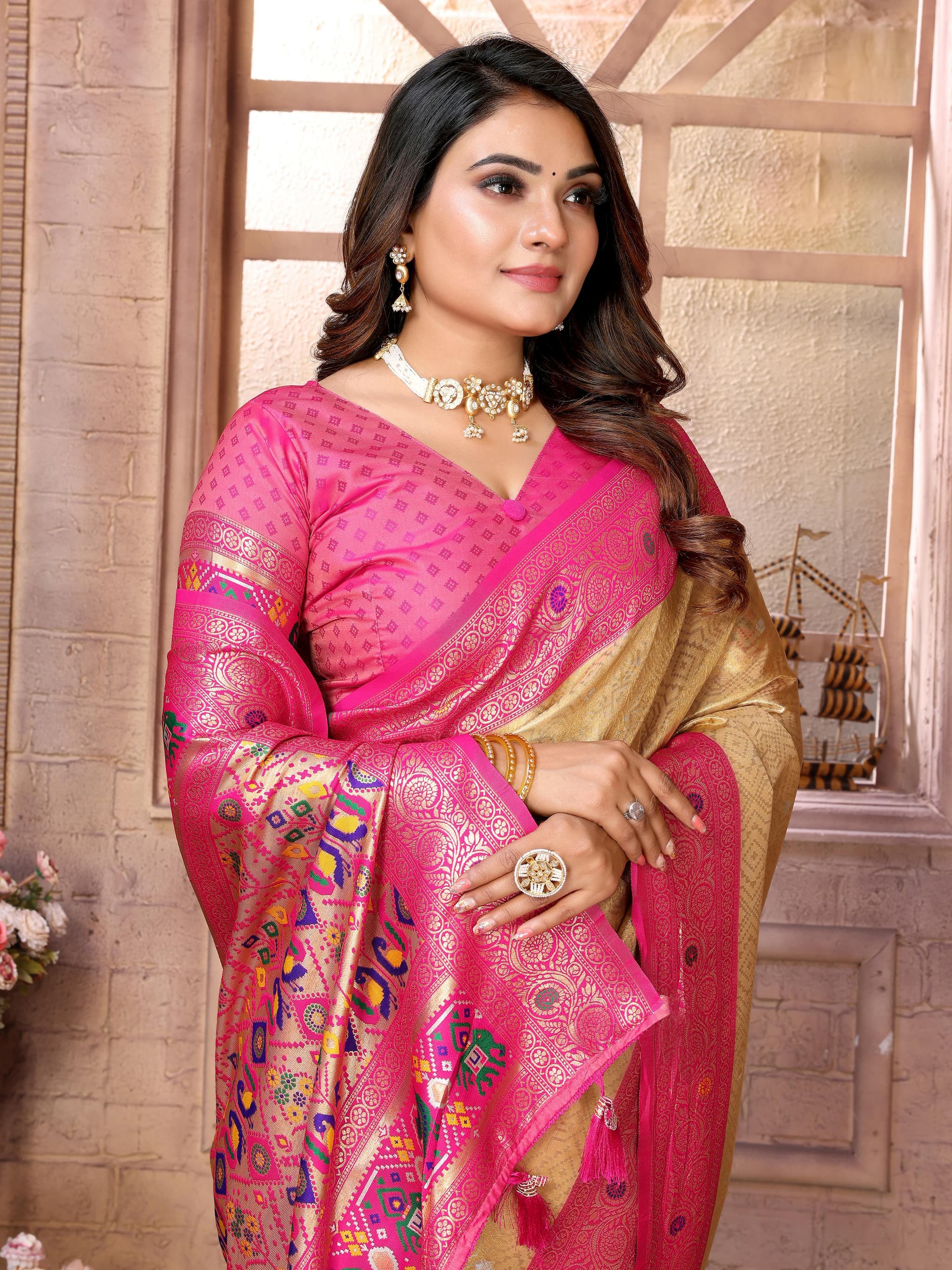 Luxor Gold Premium Banarasi Tissue Silk Saree with Paithani Border & Weaving Butti Work
