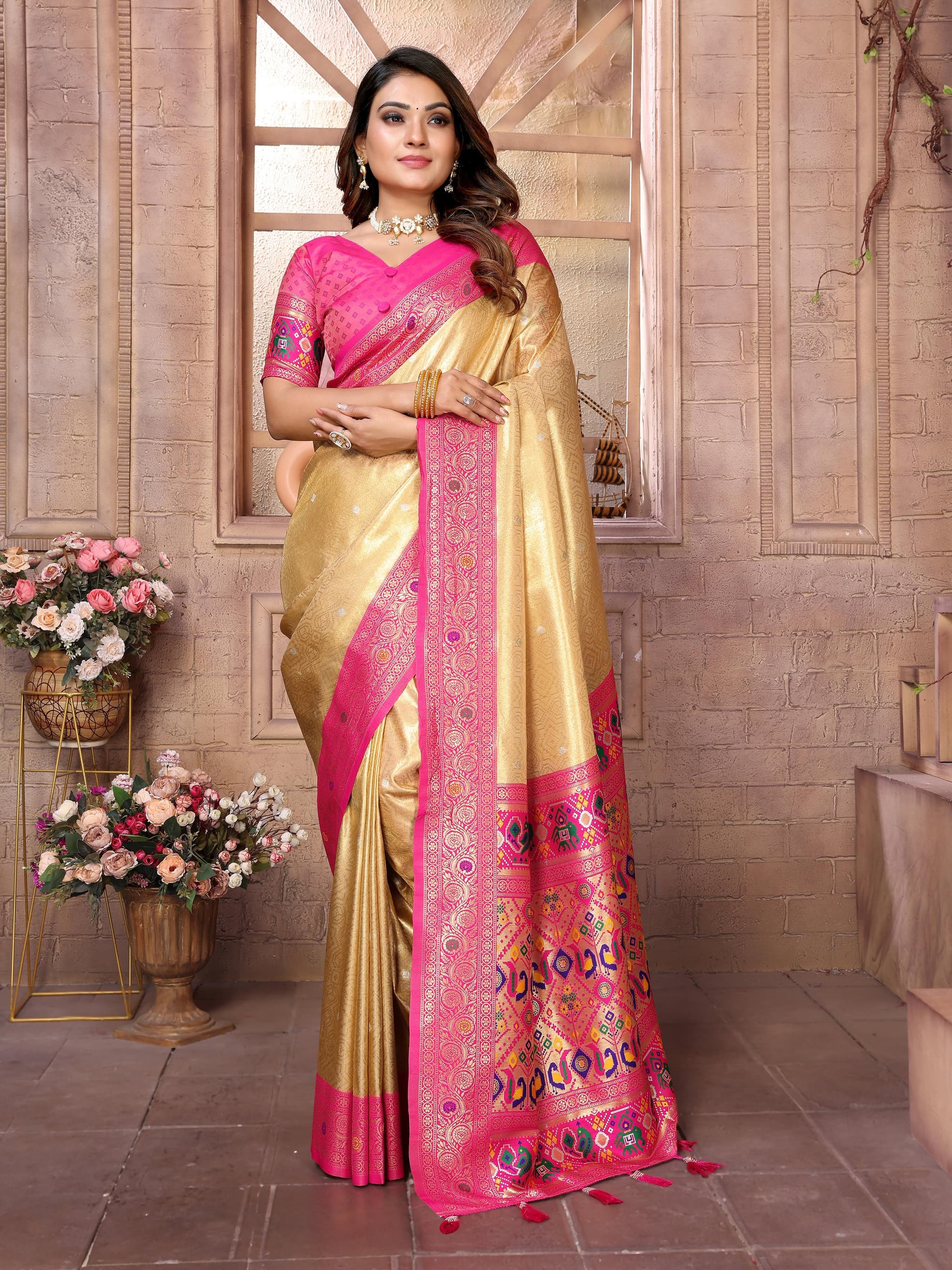 Luxor Gold Premium Banarasi Tissue Silk Saree with Paithani Border & Weaving Butti Work