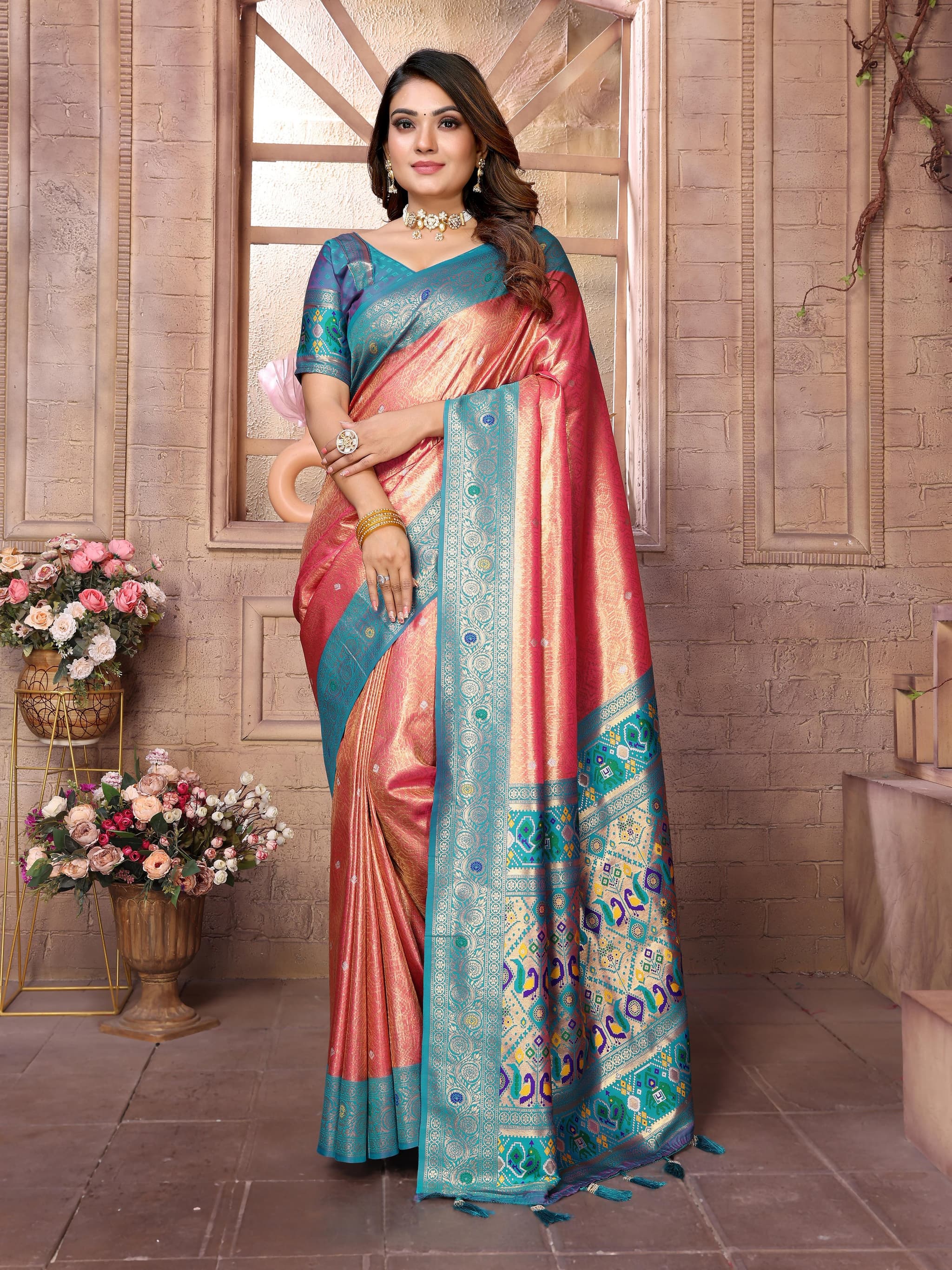 Dusky Rose Premium Banarasi Tissue Silk Saree with Paithani Border & Weaving Butti Work
