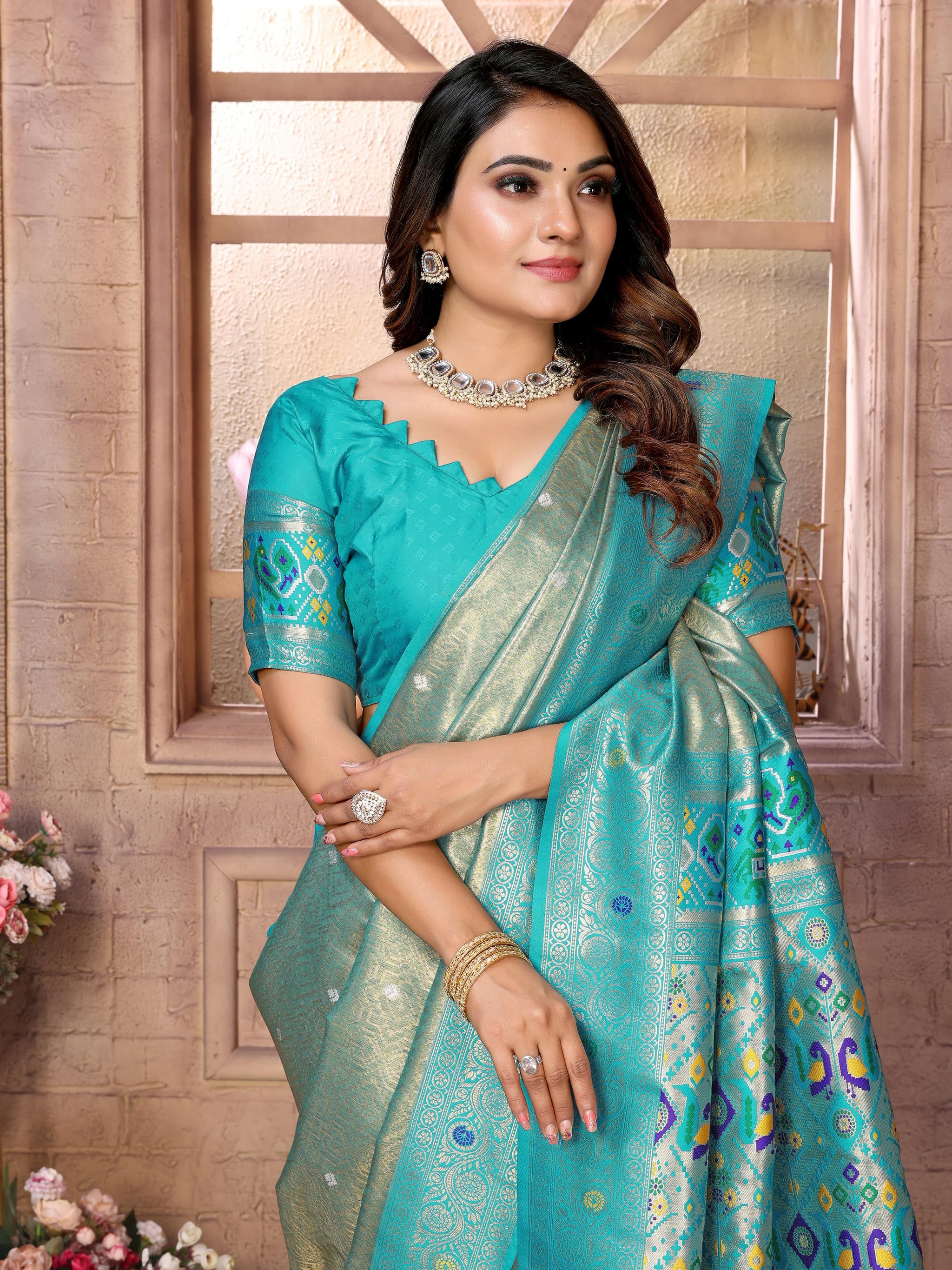 Eagle Premium Banarasi Tissue Silk Saree with Paithani Border & Weaving Butti Work