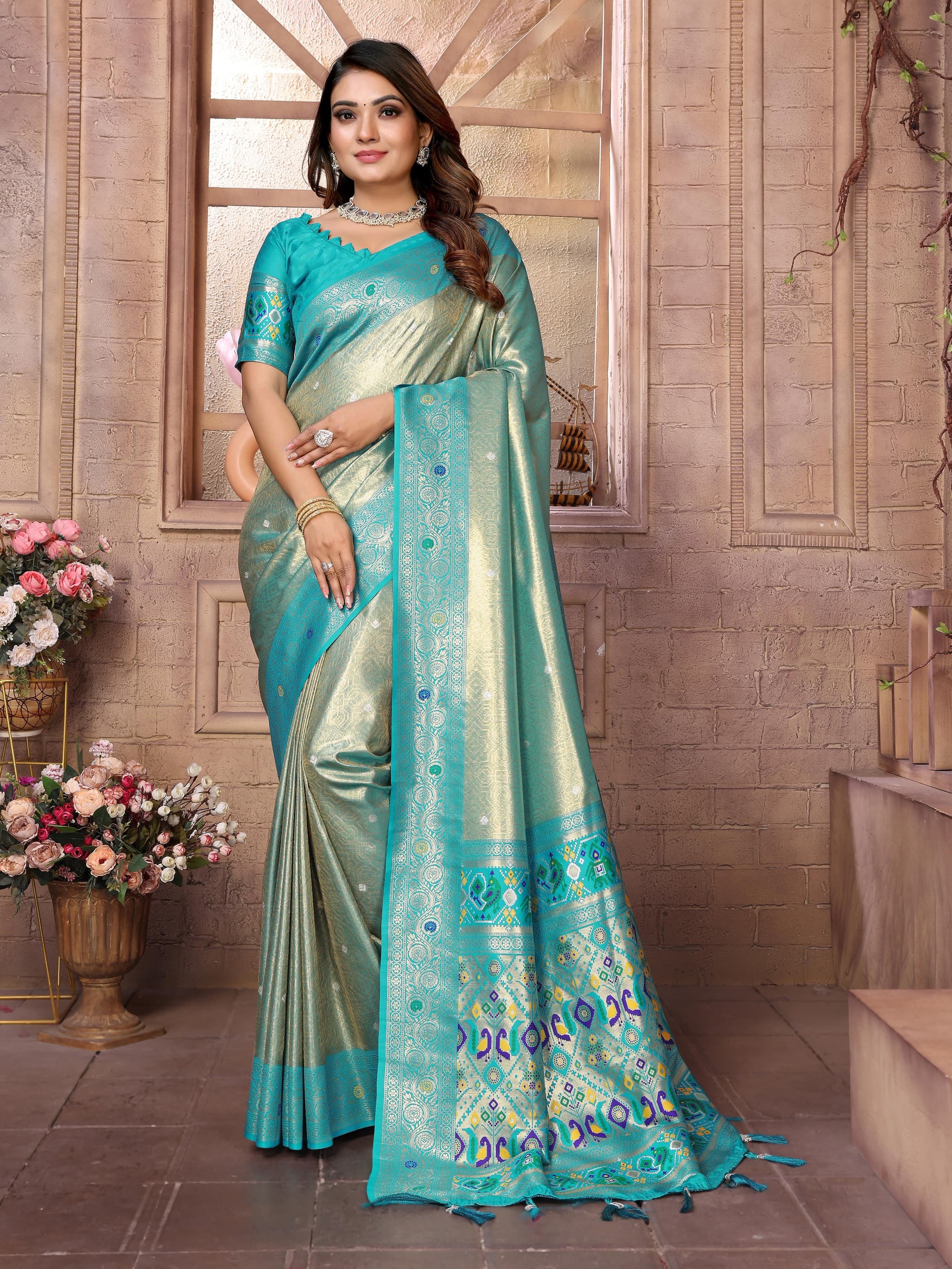 Eagle Premium Banarasi Tissue Silk Saree with Paithani Border & Weaving Butti Work