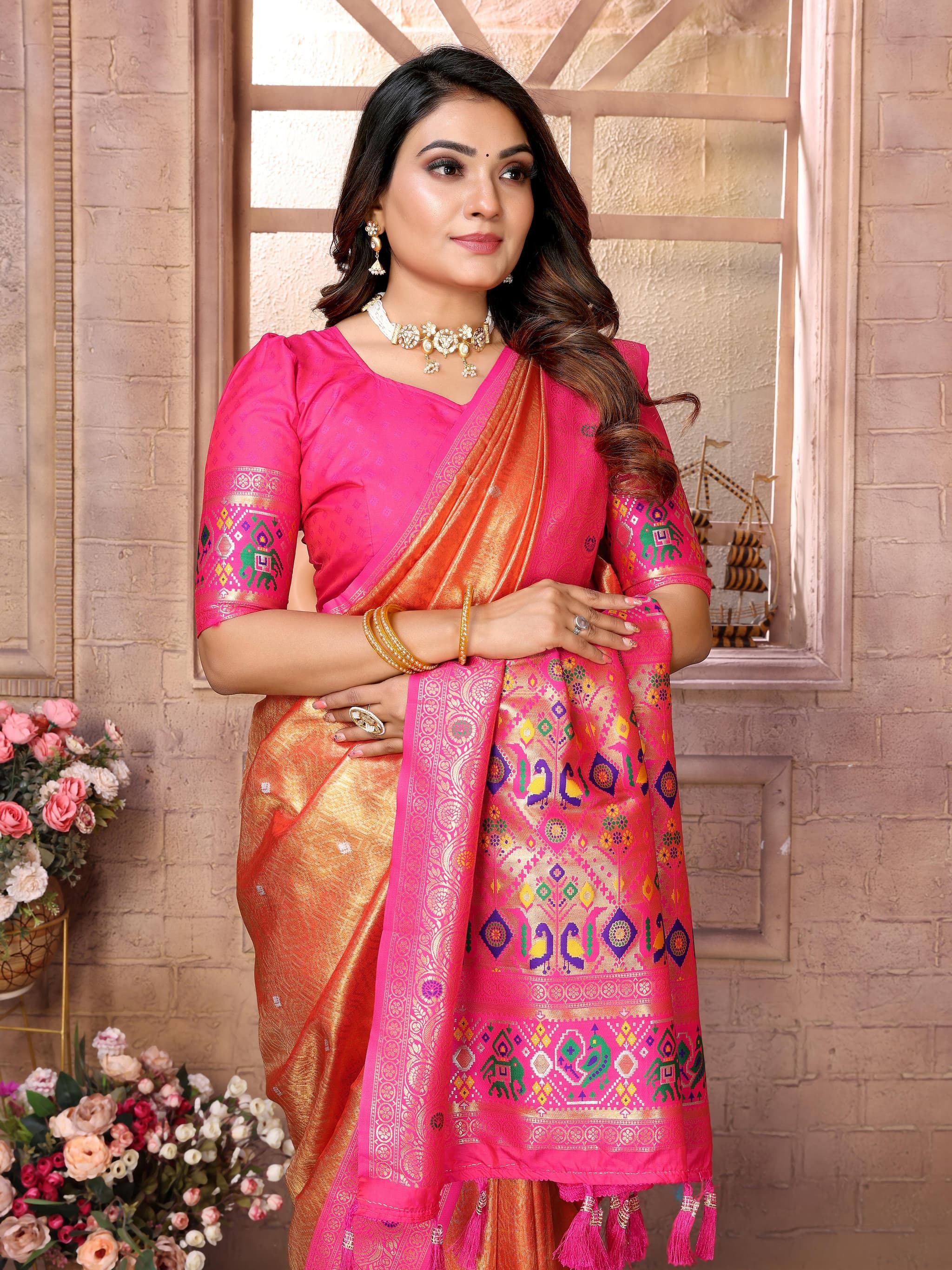 Tomato Premium Banarasi Tissue Silk Saree with Paithani Border & Weaving Butti Work