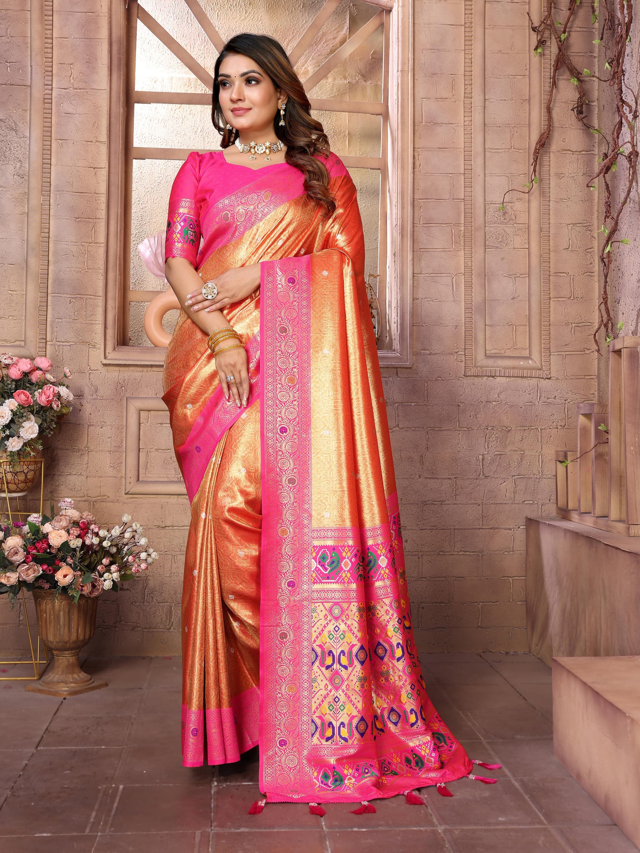 Tomato Premium Banarasi Tissue Silk Saree with Paithani Border & Weaving Butti Work