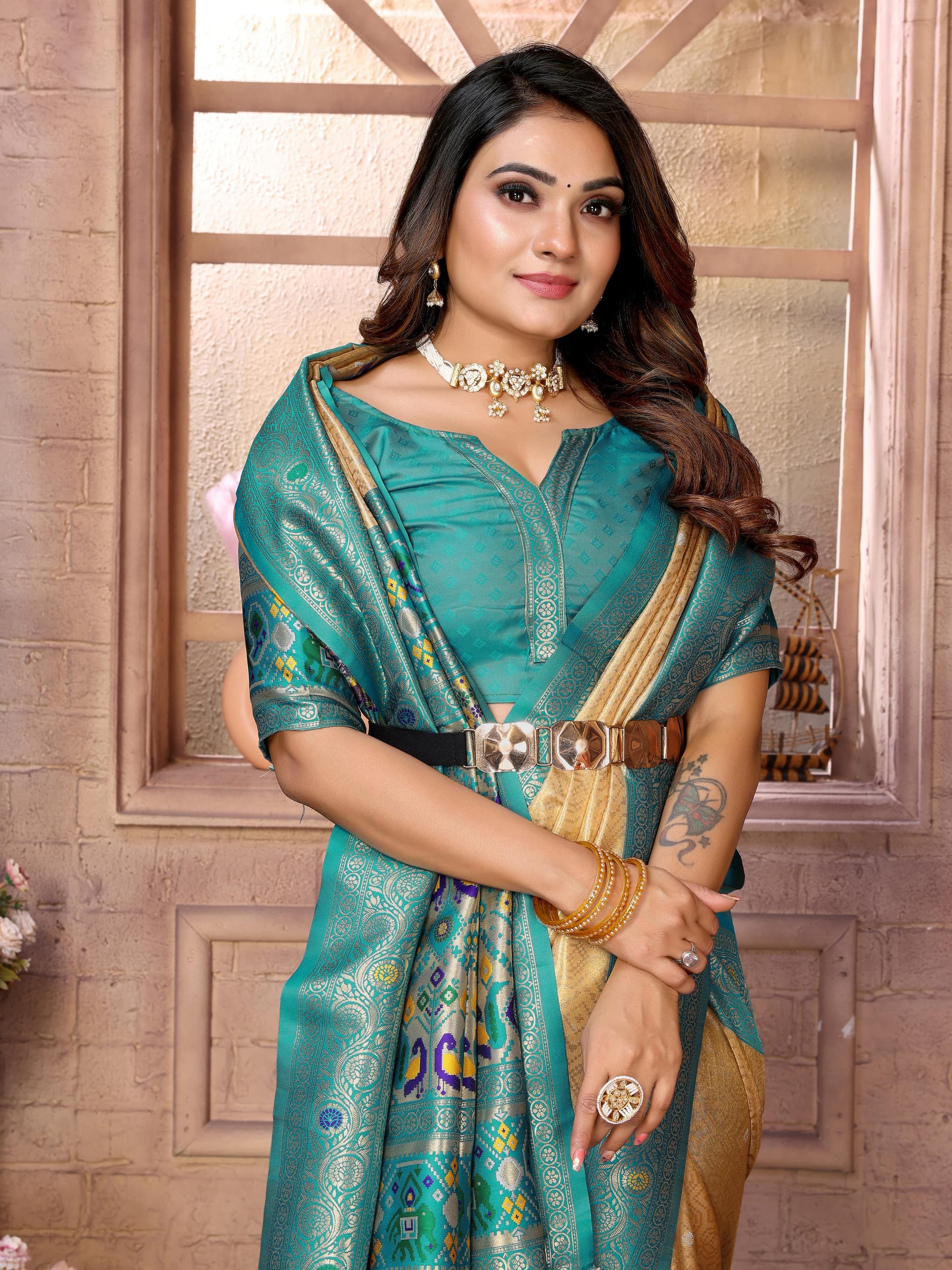 Tan Premium Banarasi Tissue Silk Saree with Paithani Border & Weaving Butti Work