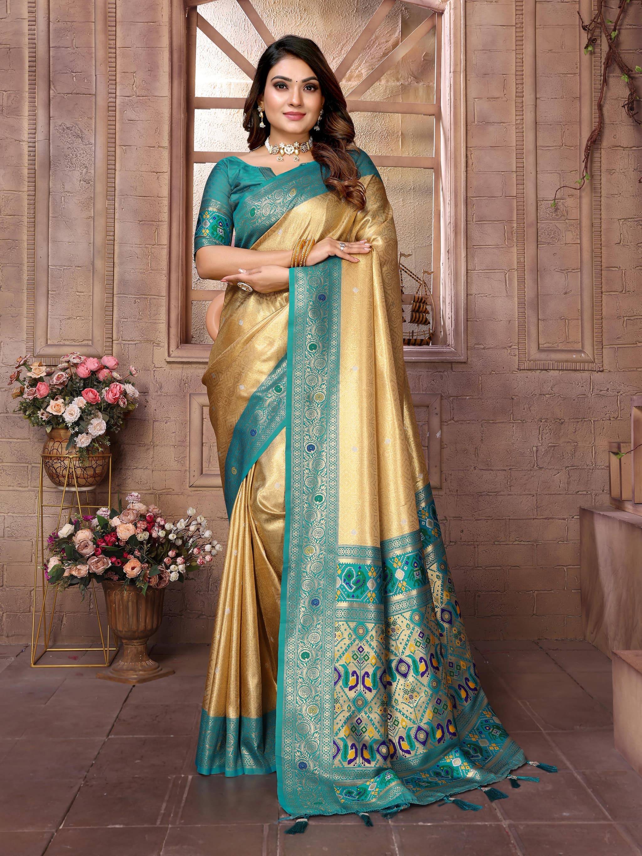 Tan Premium Banarasi Tissue Silk Saree with Paithani Border & Weaving Butti Work
