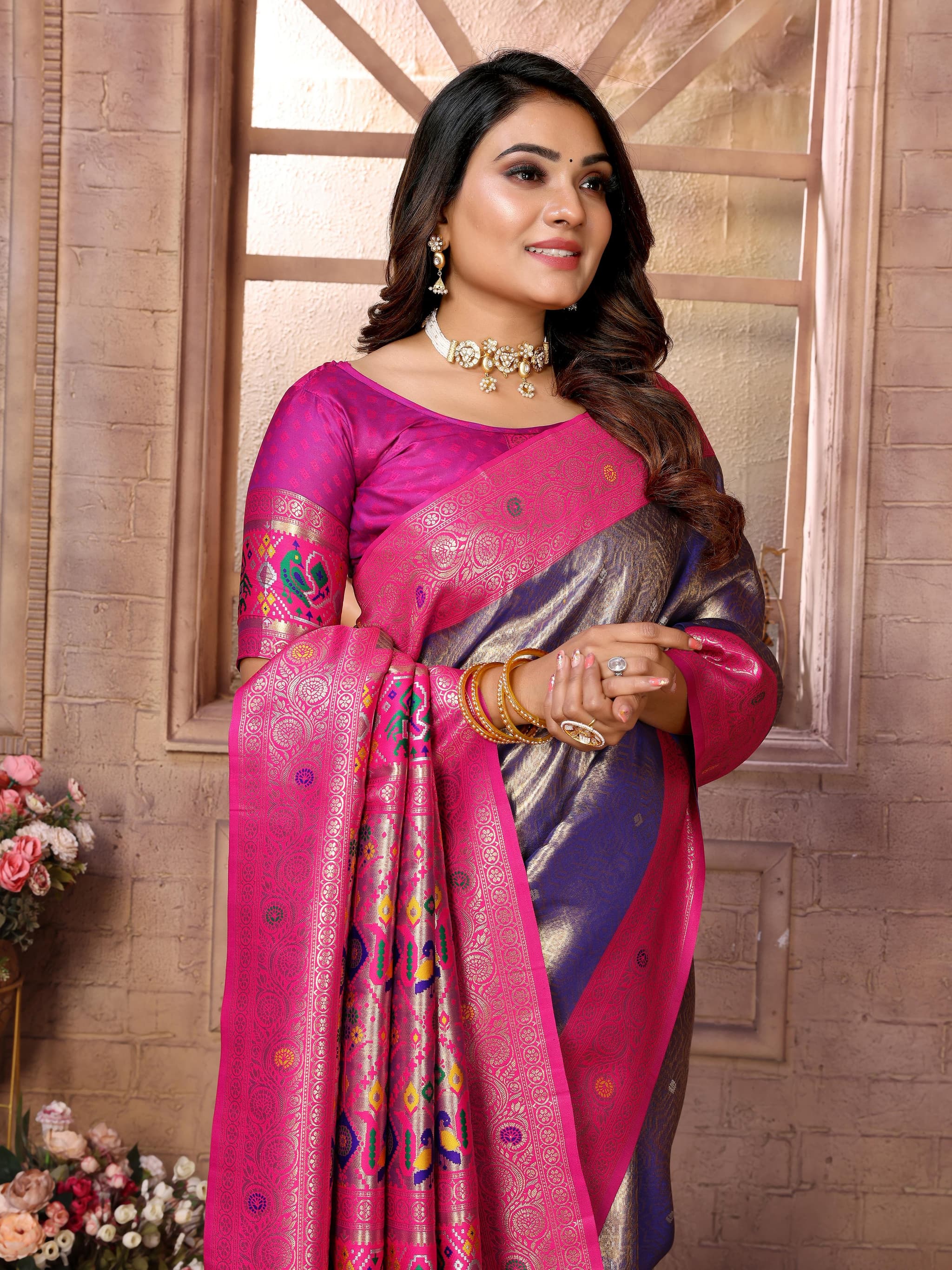 Purple Premium Banarasi Tissue Silk Saree with Paithani Border & Weaving Butti Work