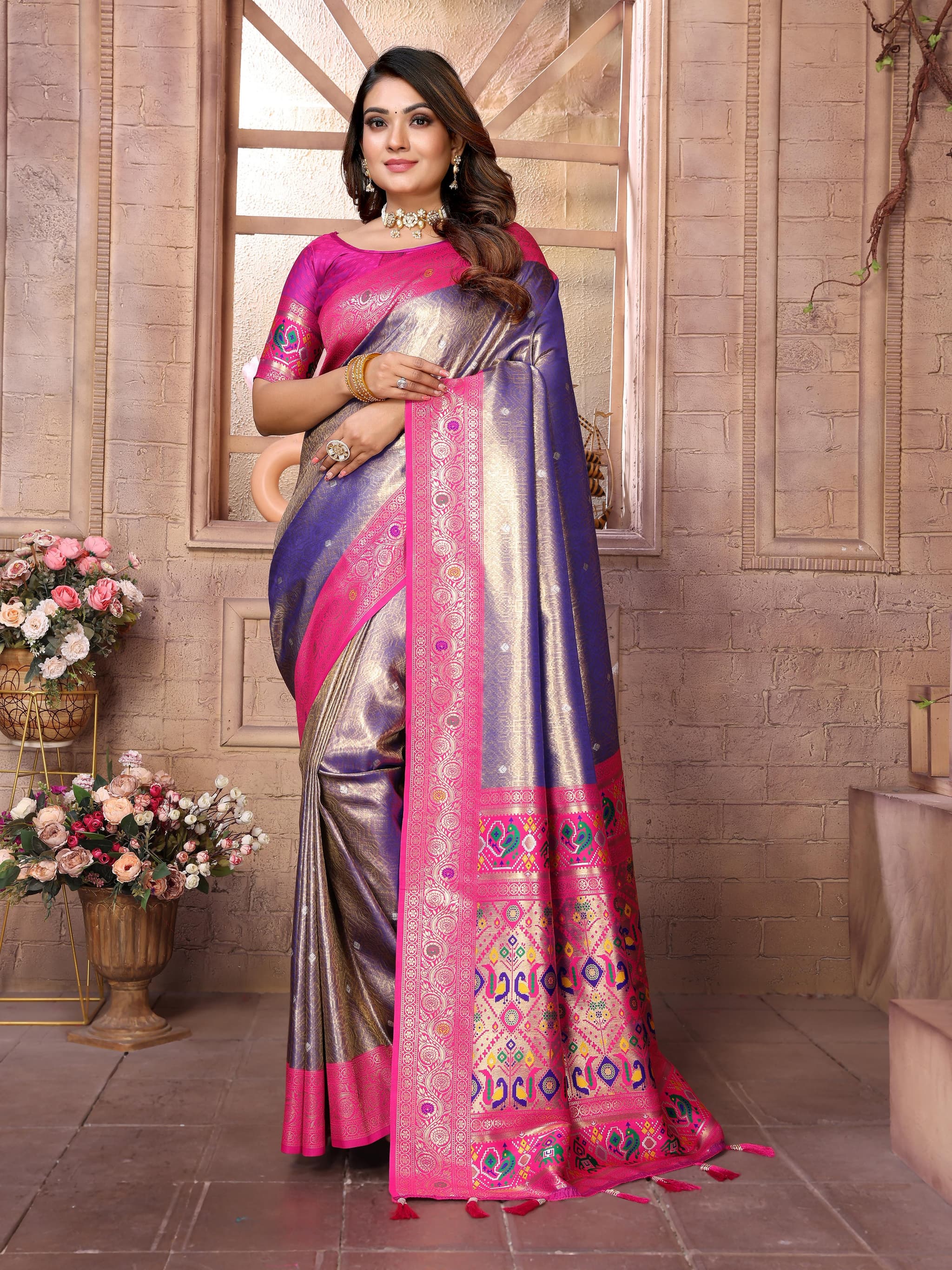 Purple Premium Banarasi Tissue Silk Saree with Paithani Border & Weaving Butti Work