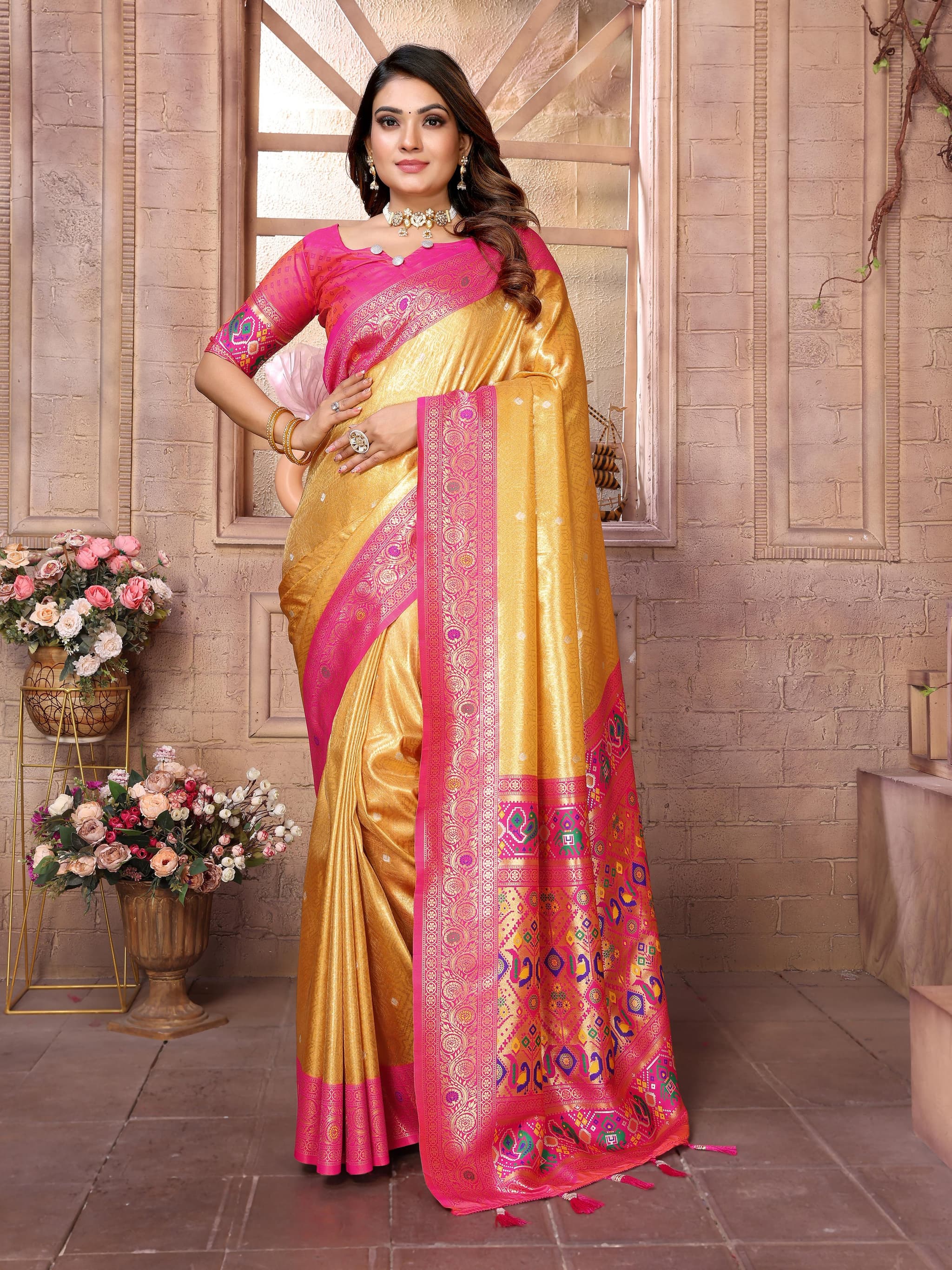 Gold Premium Banarasi Tissue Silk Saree with Paithani Border & Weaving Butti Work