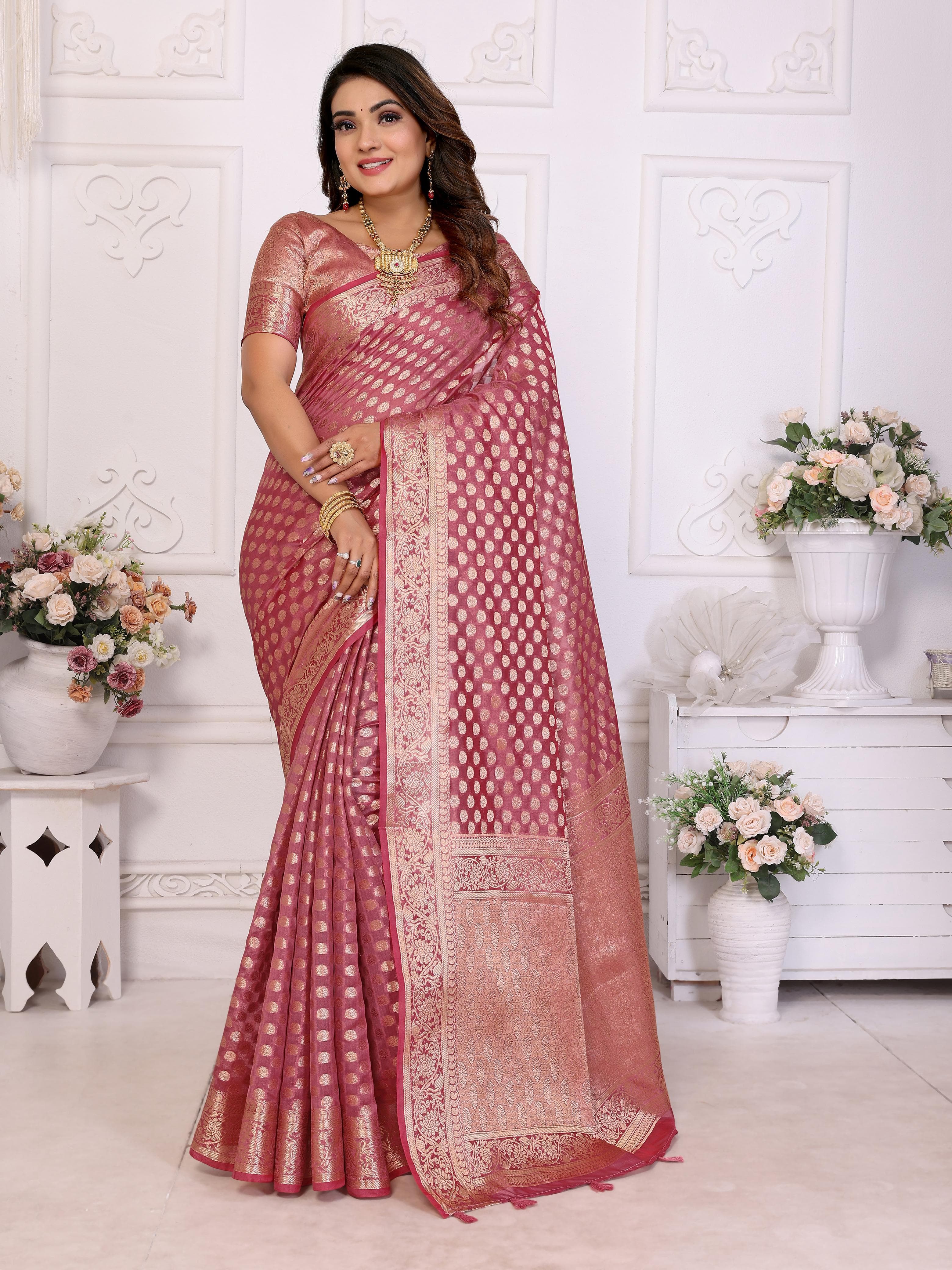 Dusky Rose Soft Organza Silk Banarasi Saree with Gold Jari Border & Intricate Weaving Butti