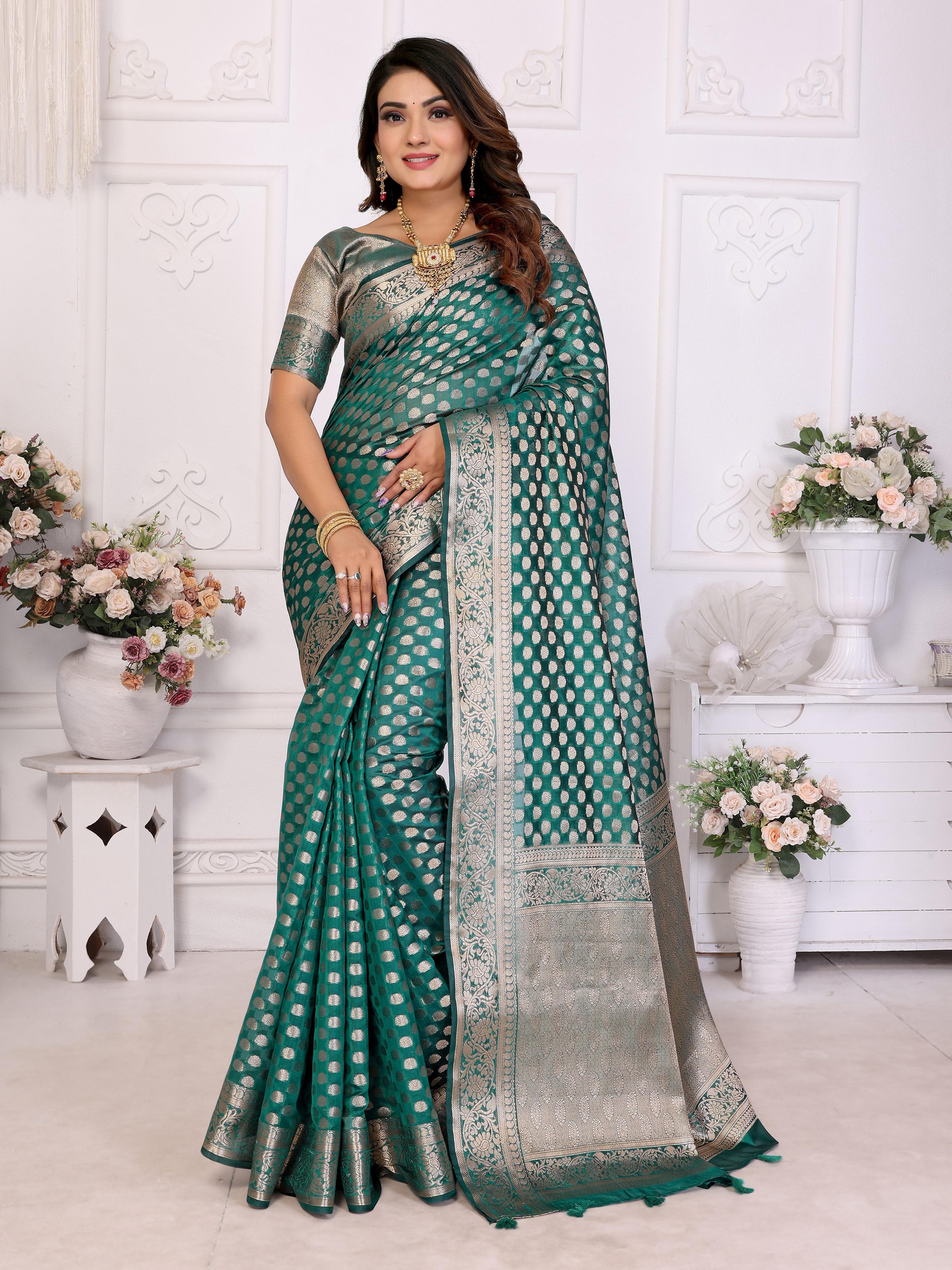 Dusty Teal Soft Organza Silk Banarasi Saree with Gold Jari Border & Intricate Weaving Butti