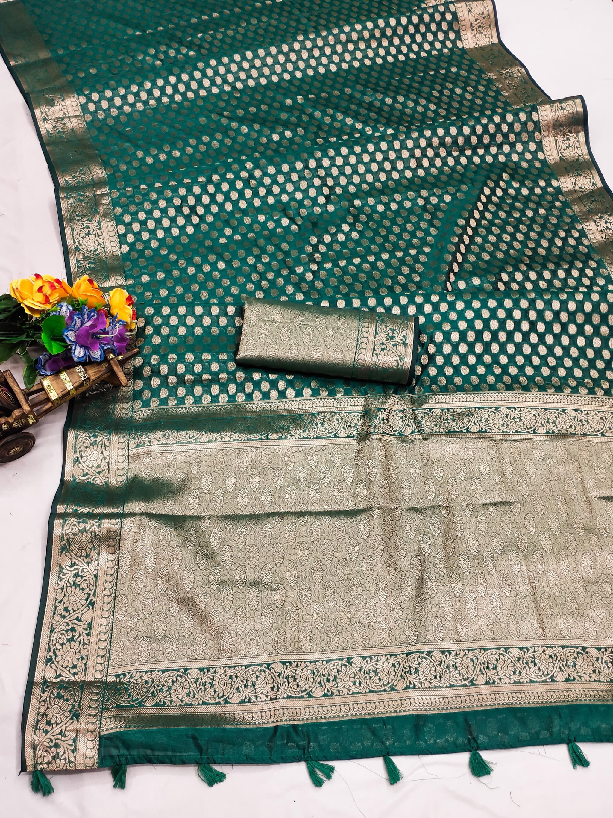 Dusty Teal Soft Organza Silk Banarasi Saree with Gold Jari Border & Intricate Weaving Butti