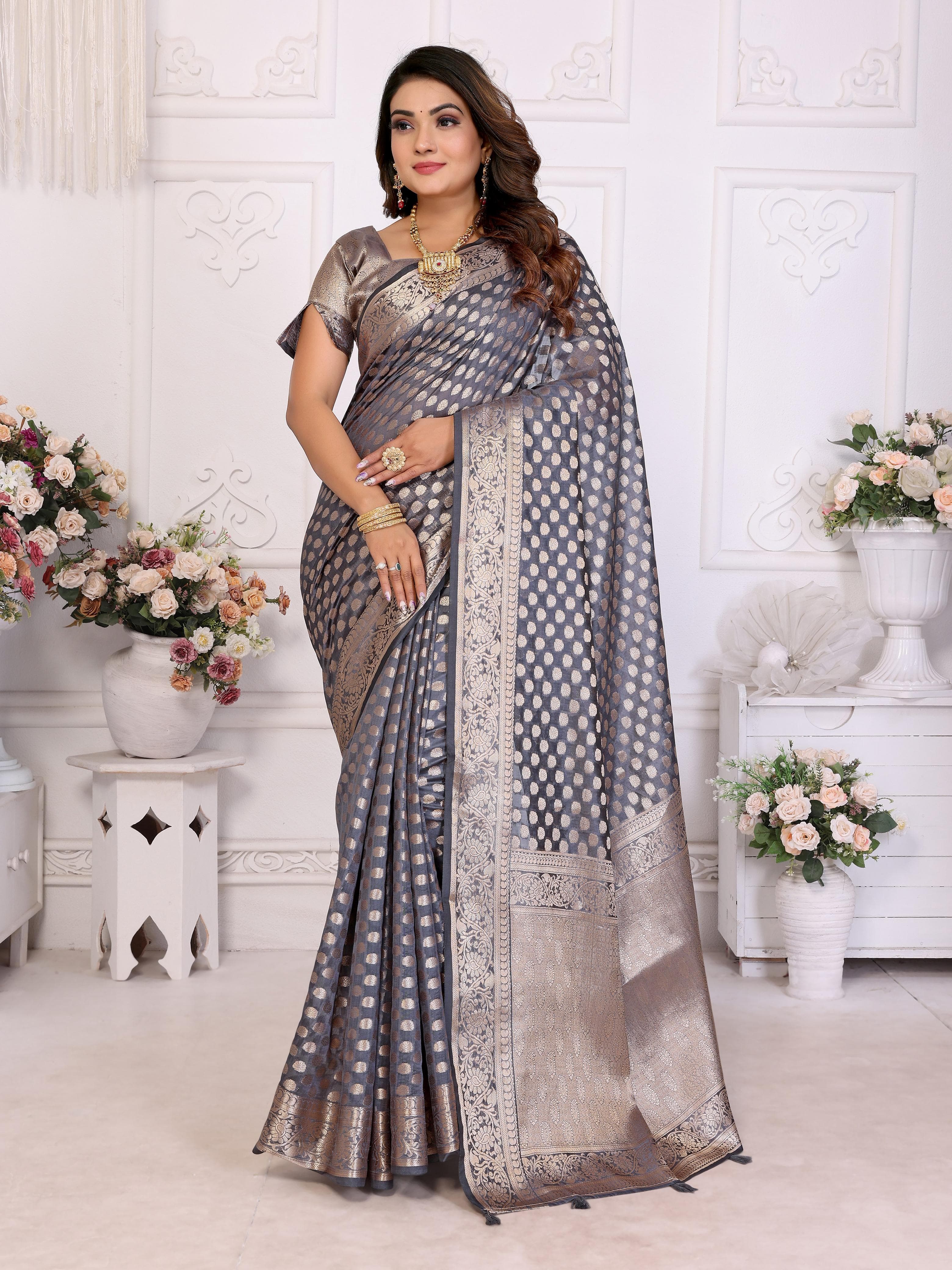 Mid Grey Soft Organza Silk Banarasi Saree with Gold Jari Border & Intricate Weaving Butti
