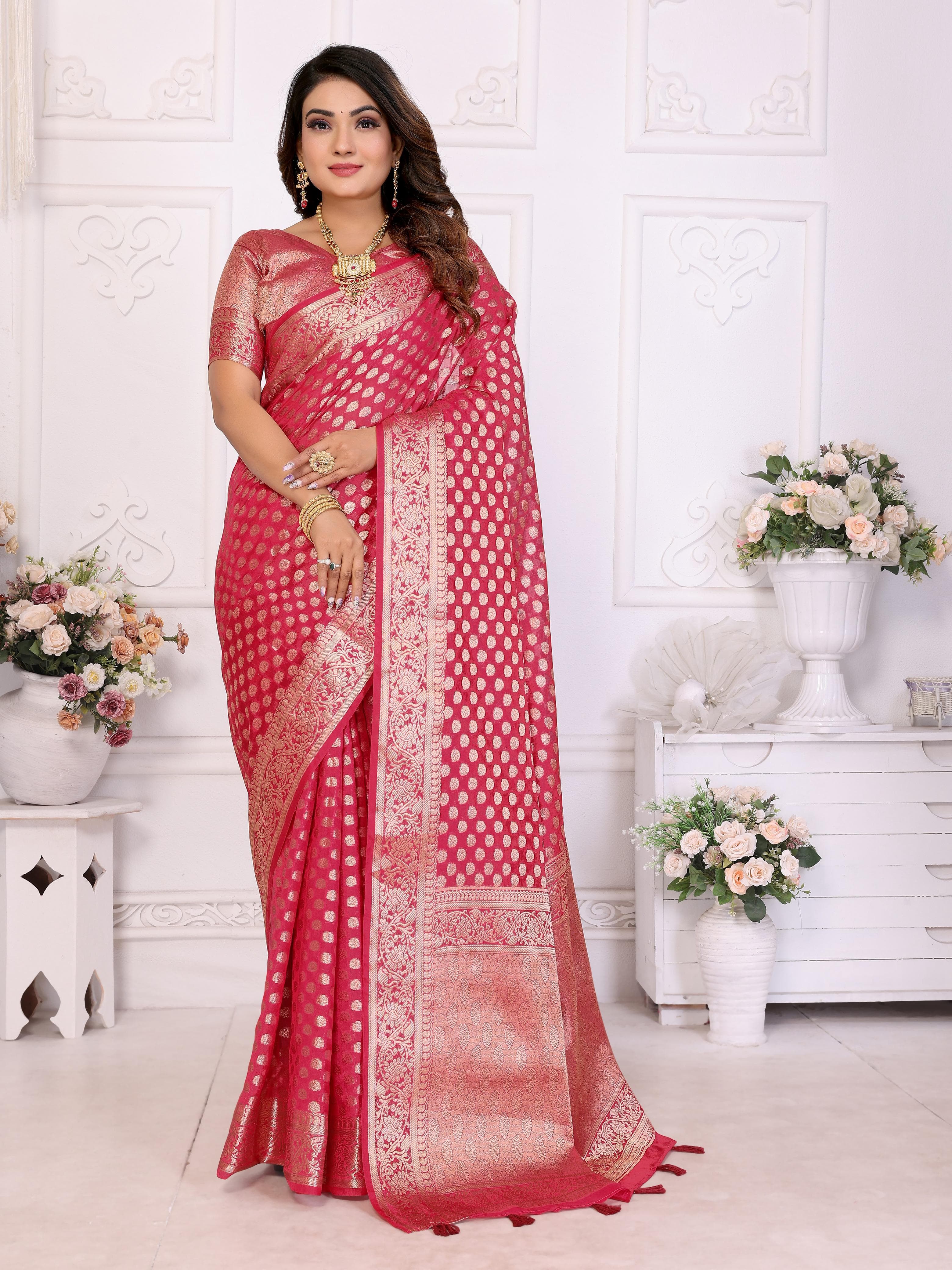 Brick Red Soft Organza Silk Banarasi Saree with Gold Jari Border & Intricate Weaving Butti